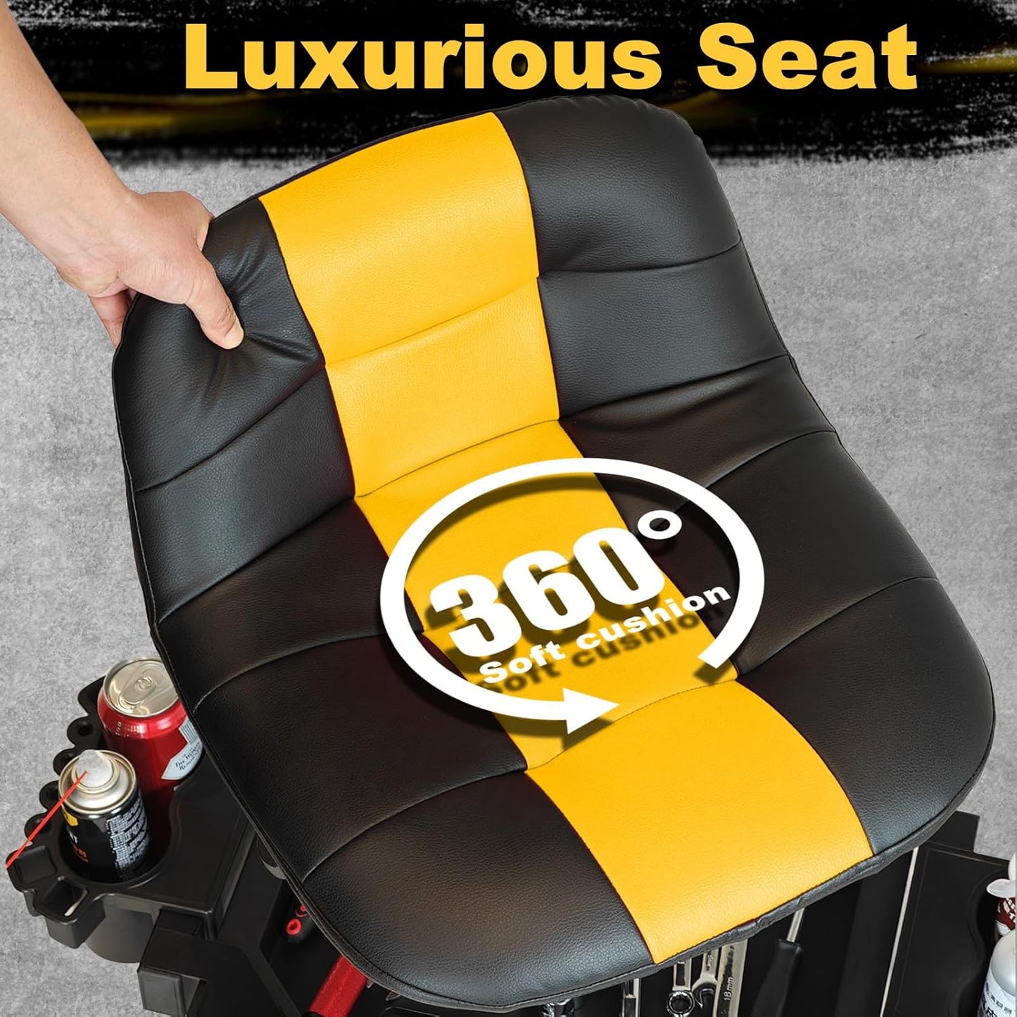 Rolling Stool with Wheels, Adjustable Height Pneumatic Garage Work Mechanic Stool Seat with Backrest, 400 LBS Capacity 360° Swivel Mechanic Crepper Chair with Tool Tray Storage, Yellow