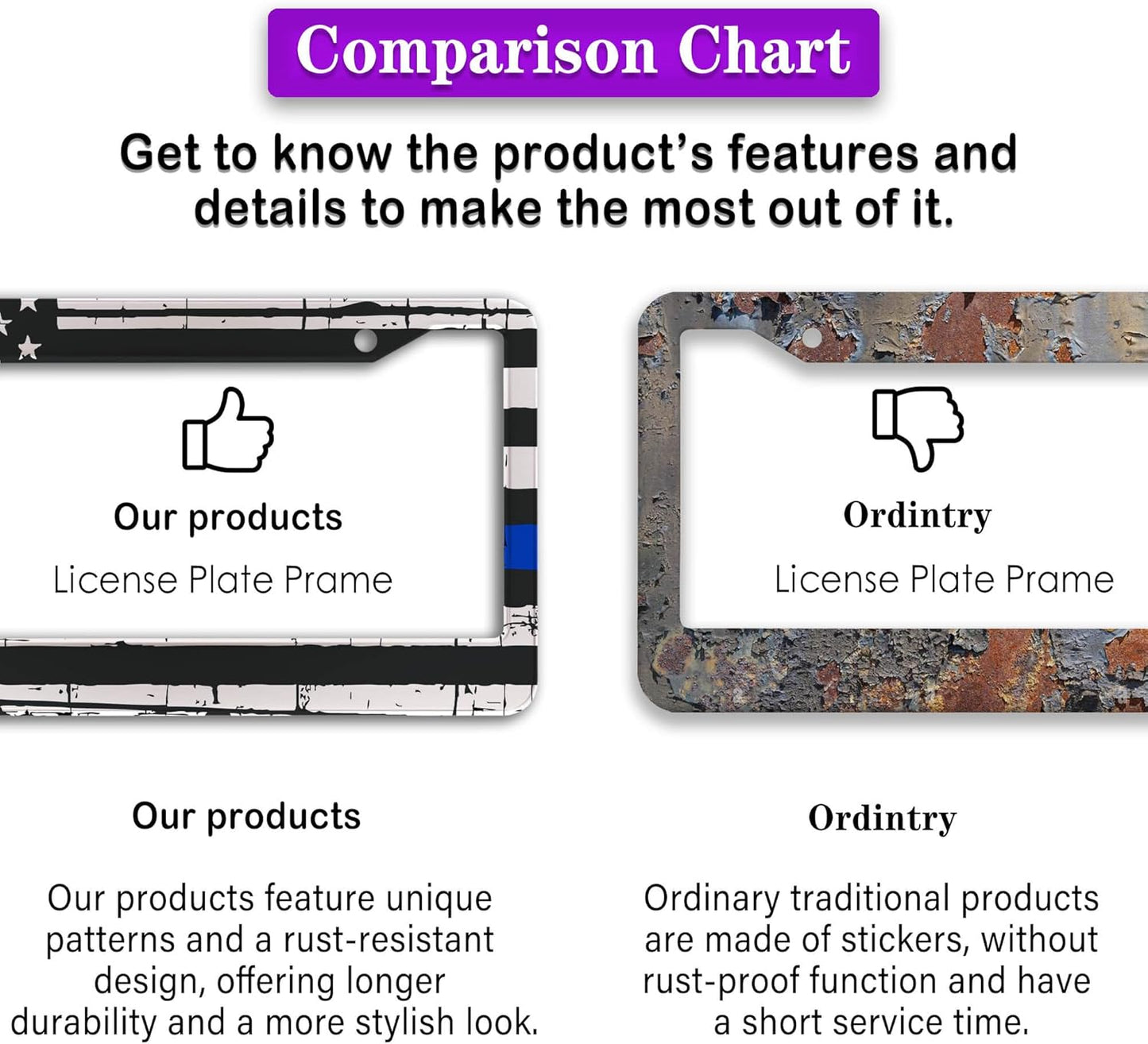 License Plate Frames Black, White, and Blue License Plate Frame American Flag USA Flags Universal Aluminum Car Accessory 2 Pack with Screw Covers Set