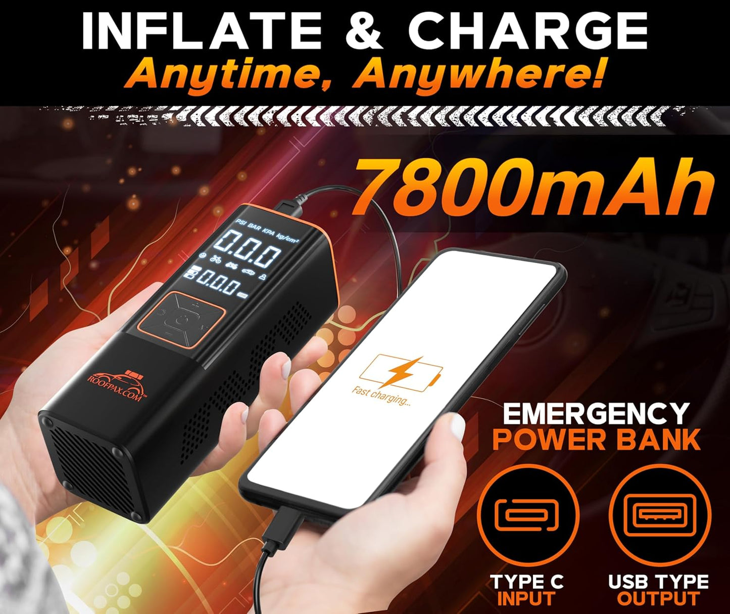 RoofPax Car Tire Inflator Portable Air Compressor 150 PSI Battery Powered 3x Faster Portable Tire Inflator for Car with Digital Pressure Gauge Auto Air Pump