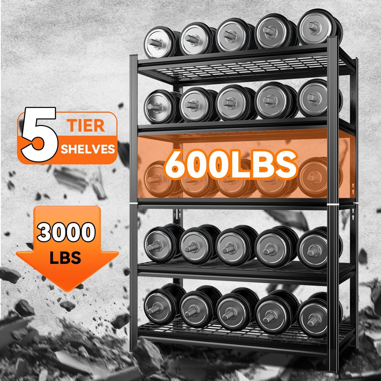 72''H Garage Shelving 3000LBS Capacity Heavy Duty Garage Storage Shelves, Adjustable 5 Tier Metal Industrial Wire Shelf for Kitchen, Utility Room, Warehouse and Basement, Black (36''Wx16''Dx72''H)