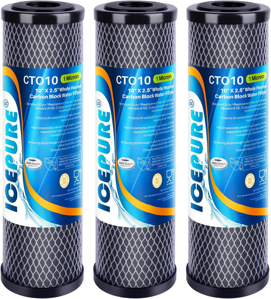 ICEPURE 1 Micron 2.5" x 10" Whole House CTO Carbon Sediment Water Filter Cartridge Compatible with DuPont WFPFC8002, WFPFC9001, SCWH-5, WHCF-WHWC, WHCF-WHWC, FXWTC, CBC-10, RO Unit, Pack of 3