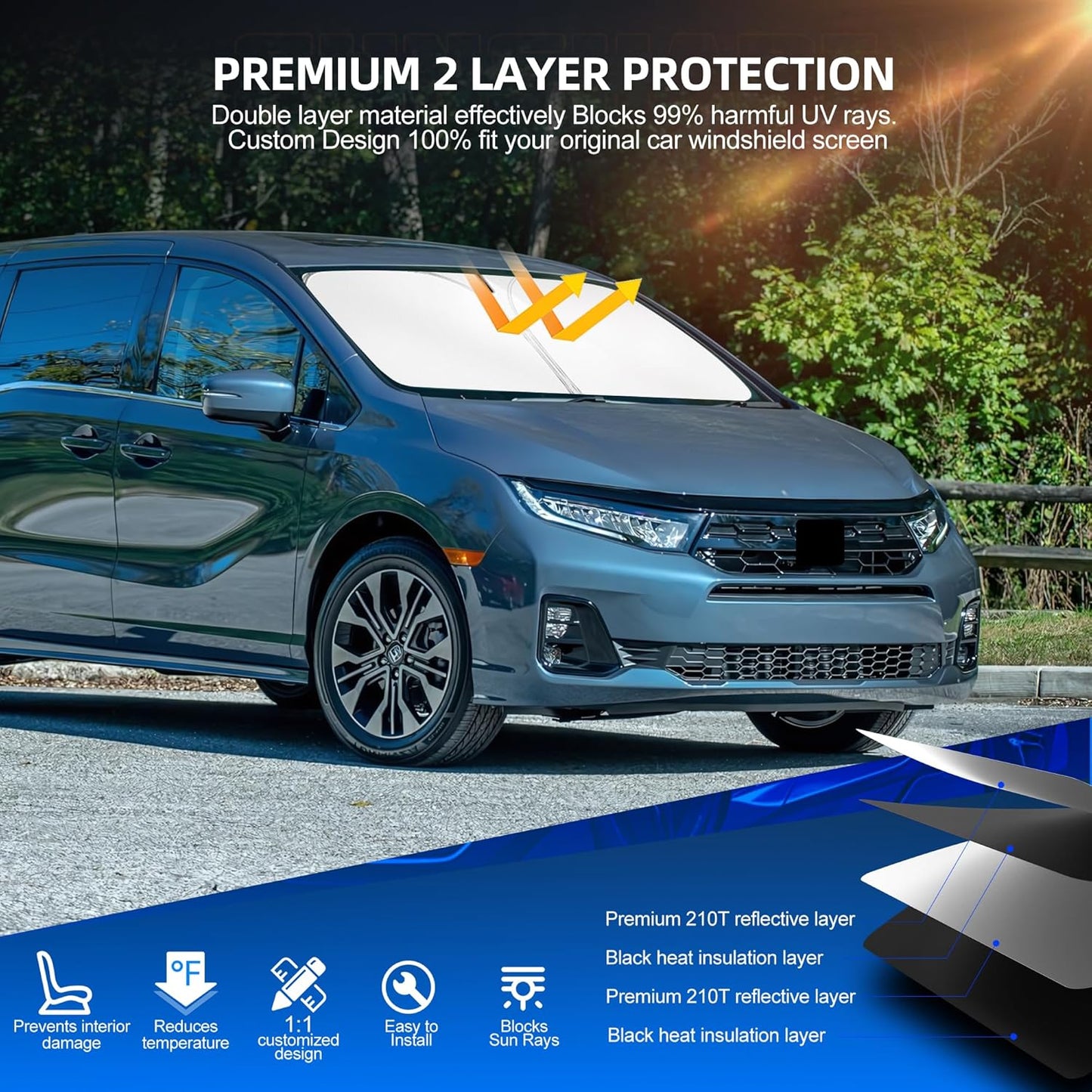 Windshield Sun Shade for Honda Odyssey (LX EX EX-L Touring Elite Minivan) 2018-2025 2026 Foldable Sunshade Custom Fit Front Window Car Interior Accessories Protector Blocks UV Rays