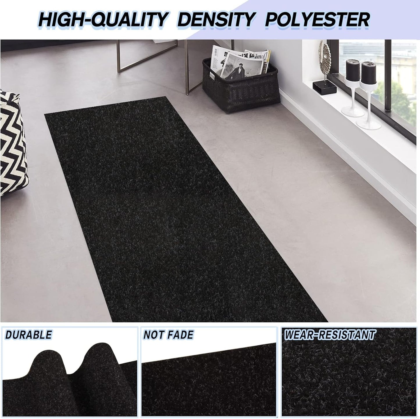 Custom Size Backed Non-Slip Area Rugs Runner, Easy Clean, Waterproof Runner Rugs for Hallway Entryway, Kitchen, Laundry, 4FT x 56FT, Black