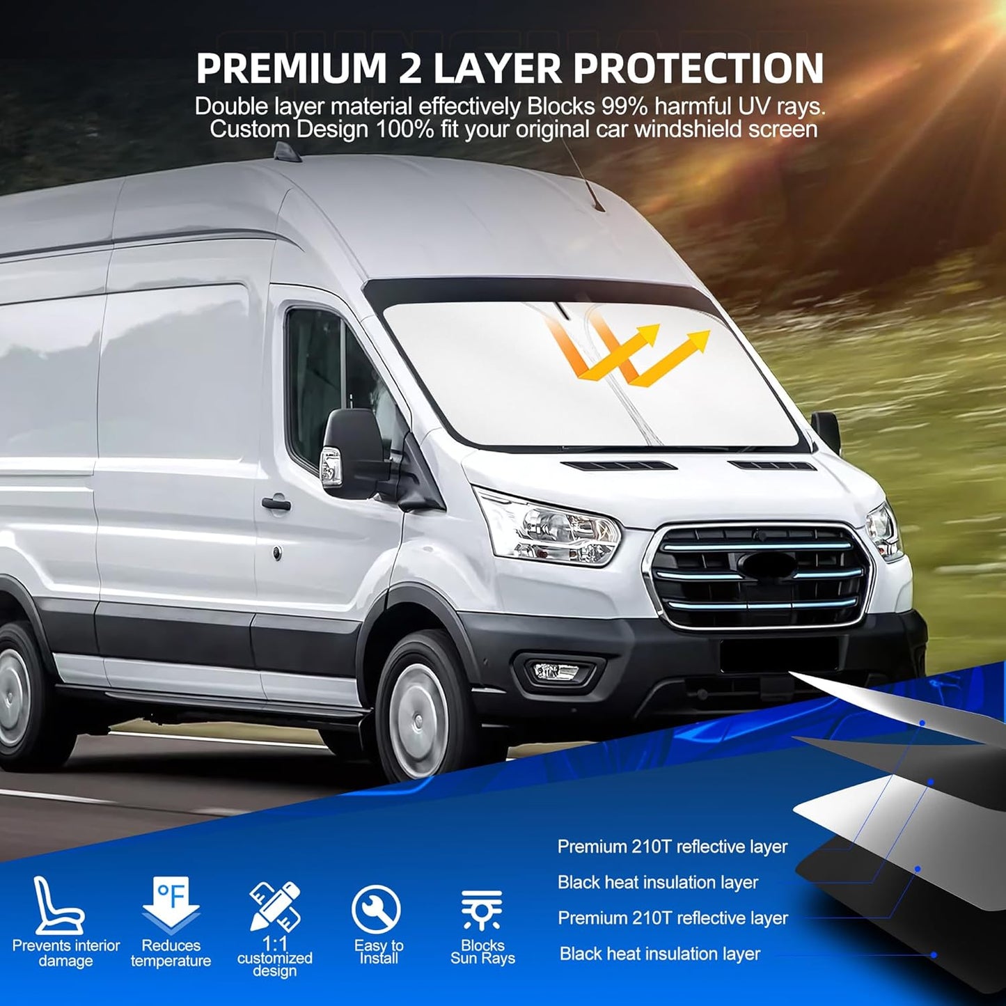 Windshield Sun Shade for Ford E-Transit 2022-2025 2026 Foldable Sunshade Custom Fit Front Window Car Interior Accessories Protector Blocks UV Rays