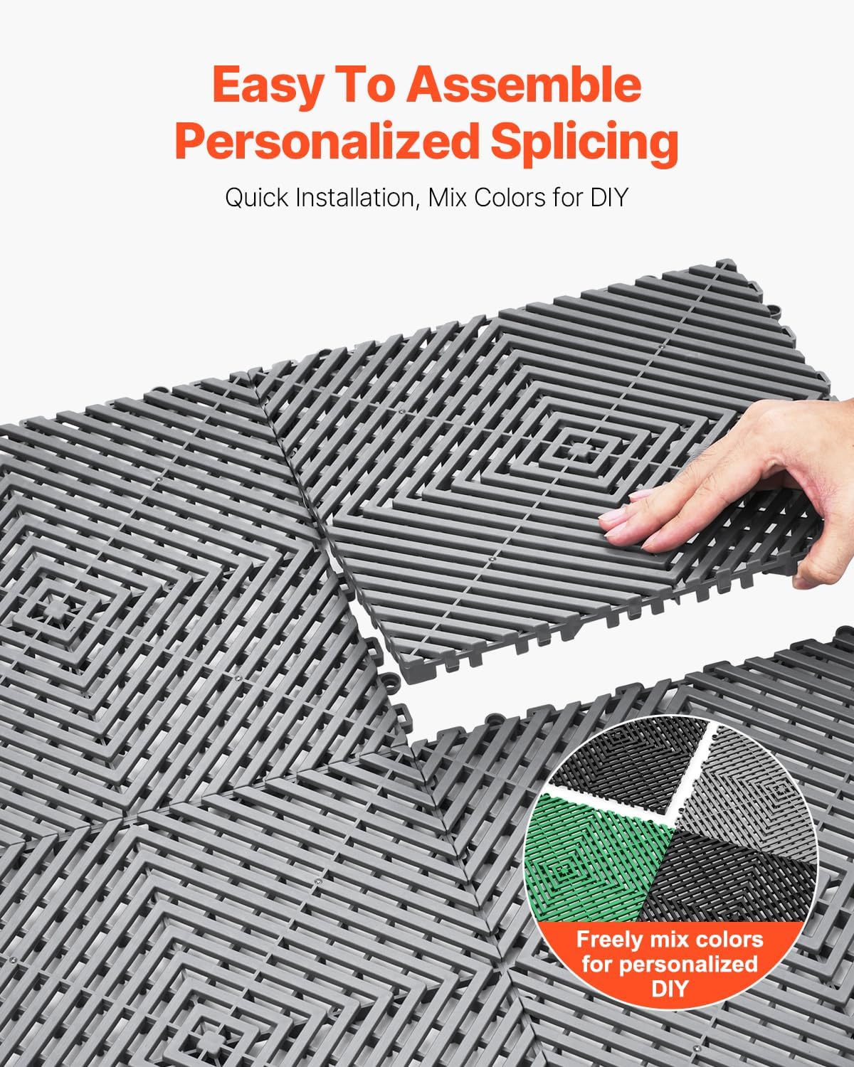 VEVOR Interlocking Drainage Mat, 12” x 12” Modular Interlocking Cushion, 24 Pcs Splicing Drainage Mats, Non-Slip Gray PP Drainage Floor Tile and Shower Mat, for Garage, Garden, Kitchen & Outdoor