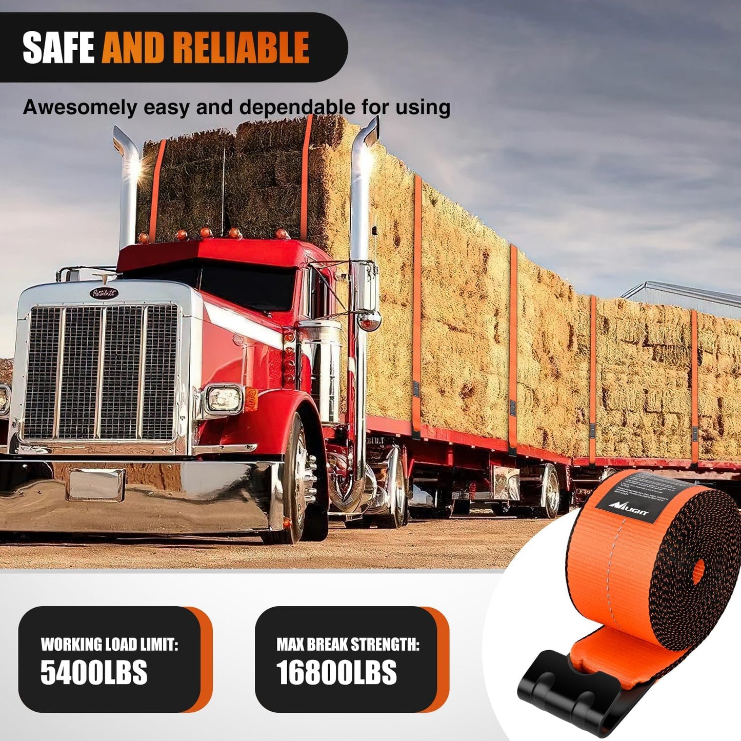 Nilight Truck Straps 4”×30’ Orange Heavy Duty Winch Straps with Flat Hook Break Strength 16800LBS WLL 5400LBS Cargo Straps for Flatbeds Trucks Trailers Farms Rescues Tree Saver (10PACK)