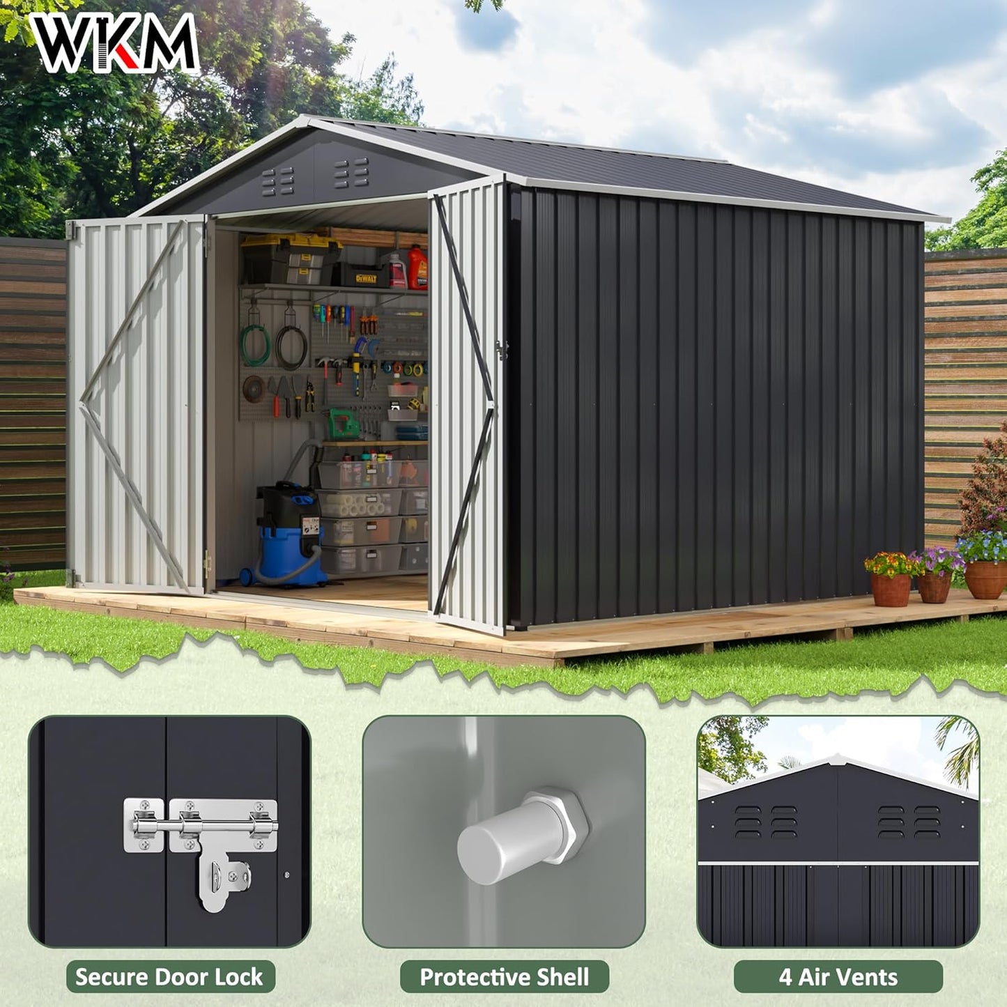 WKM 8x8 FT Outdoor Storage Shed, Utility Metal Tool Storage with Lockable Doors and Updated Frame Structure, Large Metal Garden Shed for Backyard, Patio Lawn, Black