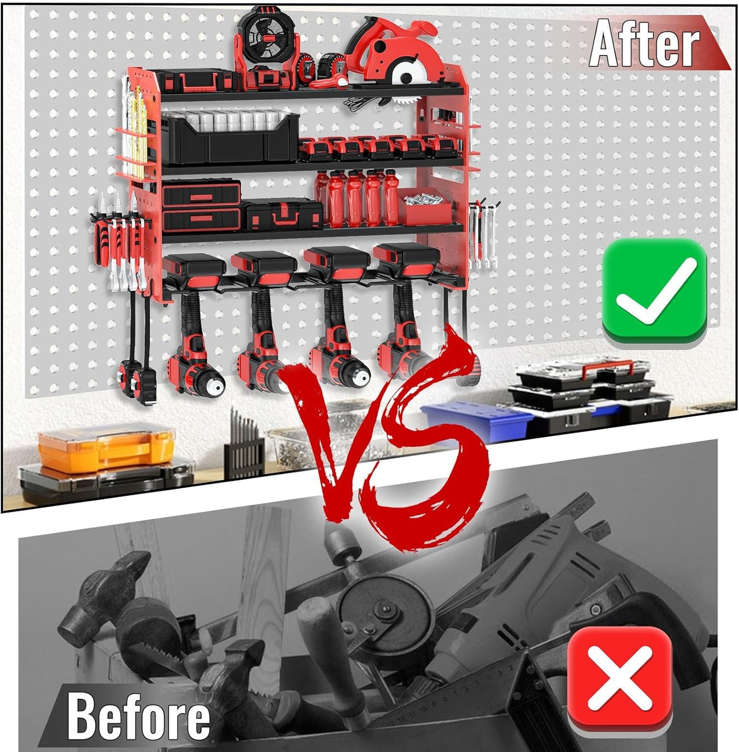 Power Tool Organizer Wall Mount, Red Metal Power Tool Storage Rack with Screwdriver Holder, Garage Tool Storage Shelves with Screwdriver Holder Plier Holder (Red, 4 Drills Holder)