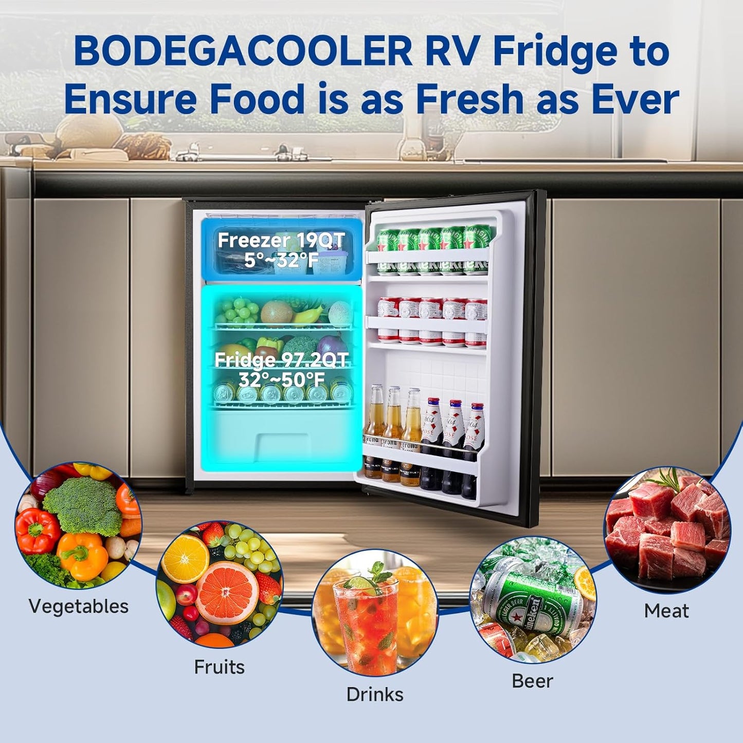 BODEGACOOLER 12 Volt Refrigerator, 116.2Quart RV Refrigerator with Freezer, Dual Modes RV Fridge with LED, (5℉-50℉) Travel Compressor Refrigerator 12/24V DC for Boat, Caravan, Truck, Camping (Black)
