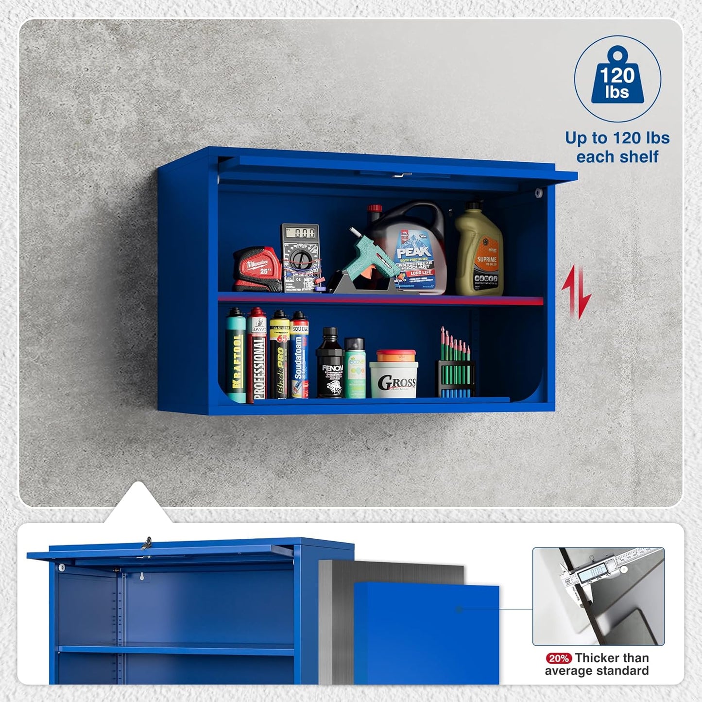 Metal Storage Cabinet Blue Wall Cabinets with Shelf and Locking Door - Wall Mounted Storage Cabinet for Garage Warehouse Home Office - Assembly Required