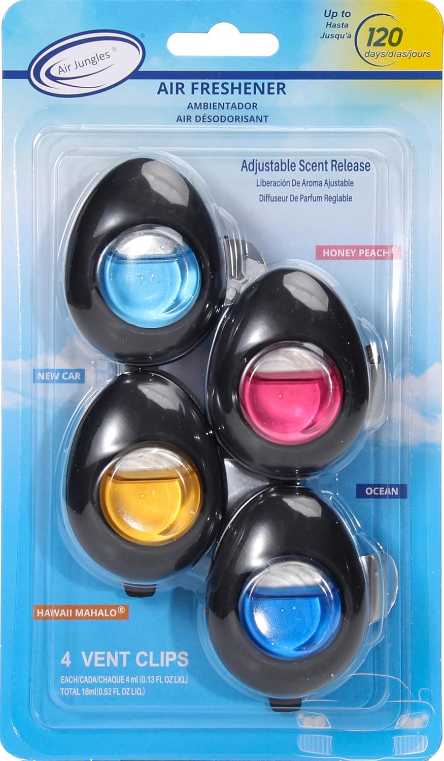 Air Jungles Car Air Freshener Vent Clip 4 Count, Variety Pack, New Car, Honey Peach, Ocean, Hawaii, 4 ml Each, Long-Lasting Car Odor Eliminator, Up to 120 Days Freshness for Auto