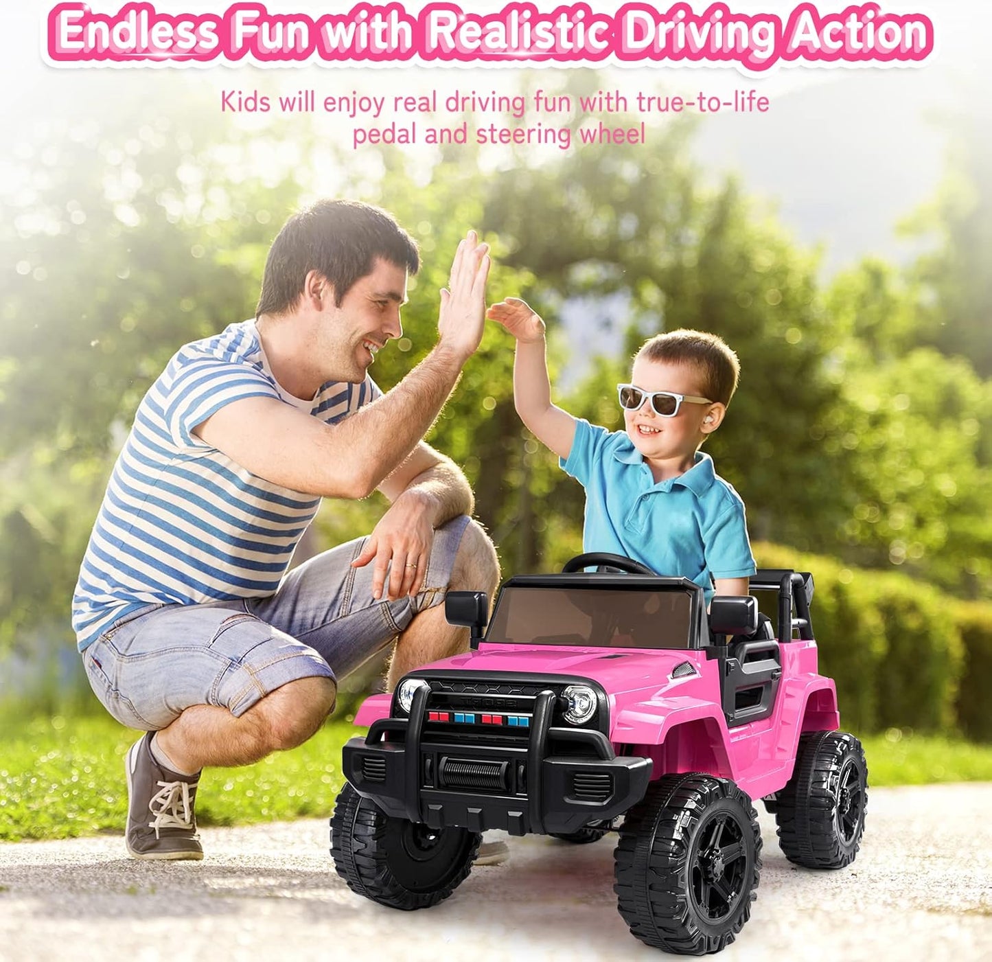 JOYMOR Ride on Truck with Remote Control, 4 Wheels 12V Battery Powered Kids Car, with LED Headlight/Horn Button/ MP3 Player/USB Port/Forward Backward/Kids Girl Boy (Pink)