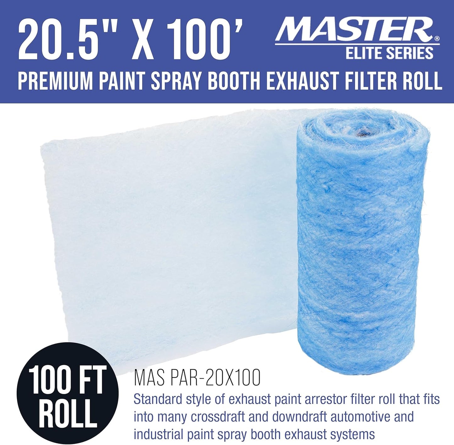 Master Elite Premium Paint Spray Booth Exhaust Filter Roll, 20.5" x 100' - 18 Gram Heavy-Duty Fiberglass Paint Arrestor - Captures Traps Overspray Paint Particles in Auto Car Autobody Refinish Booths