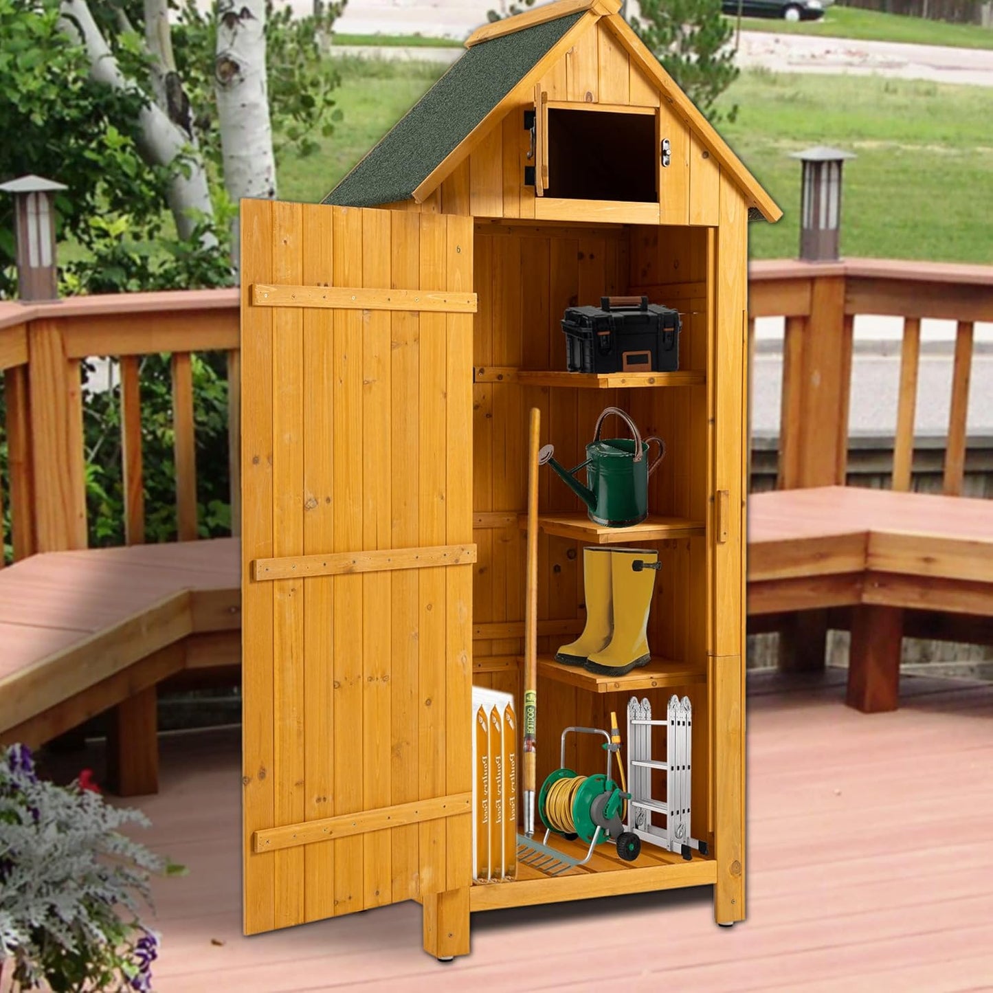 30.3" L X 21.3" W X 70.5" H Outdoor Storage Shed with Waterproof Roof, Solid Fir Wood Frame, and 3 Compartments for Garden Tools, Mower, and Hose,Natural Wood