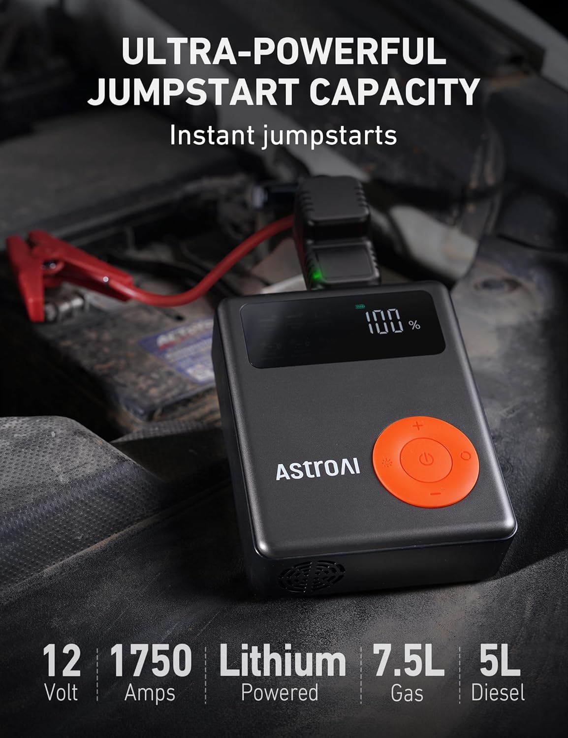 AstroAI Portable Car Jump Starter with Air Compressor, 150PSI 1750A Car Jumper Starter Battery Pack with Cordless Tire Inflator (7.5 Gas/5.0L Diesel), 12V Jump Box, Large LCD Display, Lights