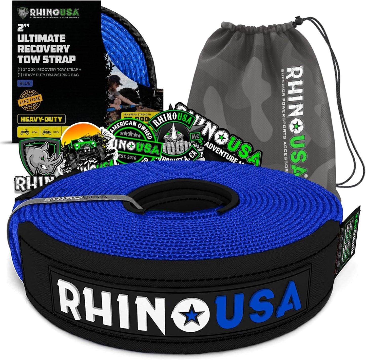 Rhino USA Recovery Tow Strap (2"x20')- 20024lb Break Strength- Emergency Recovery Strap Tow Rope for UTV, ATV & More- Heavy Duty Towing Strap for Offroad 4x4 Use- Compatible with RZR and Can-Am (Blue)