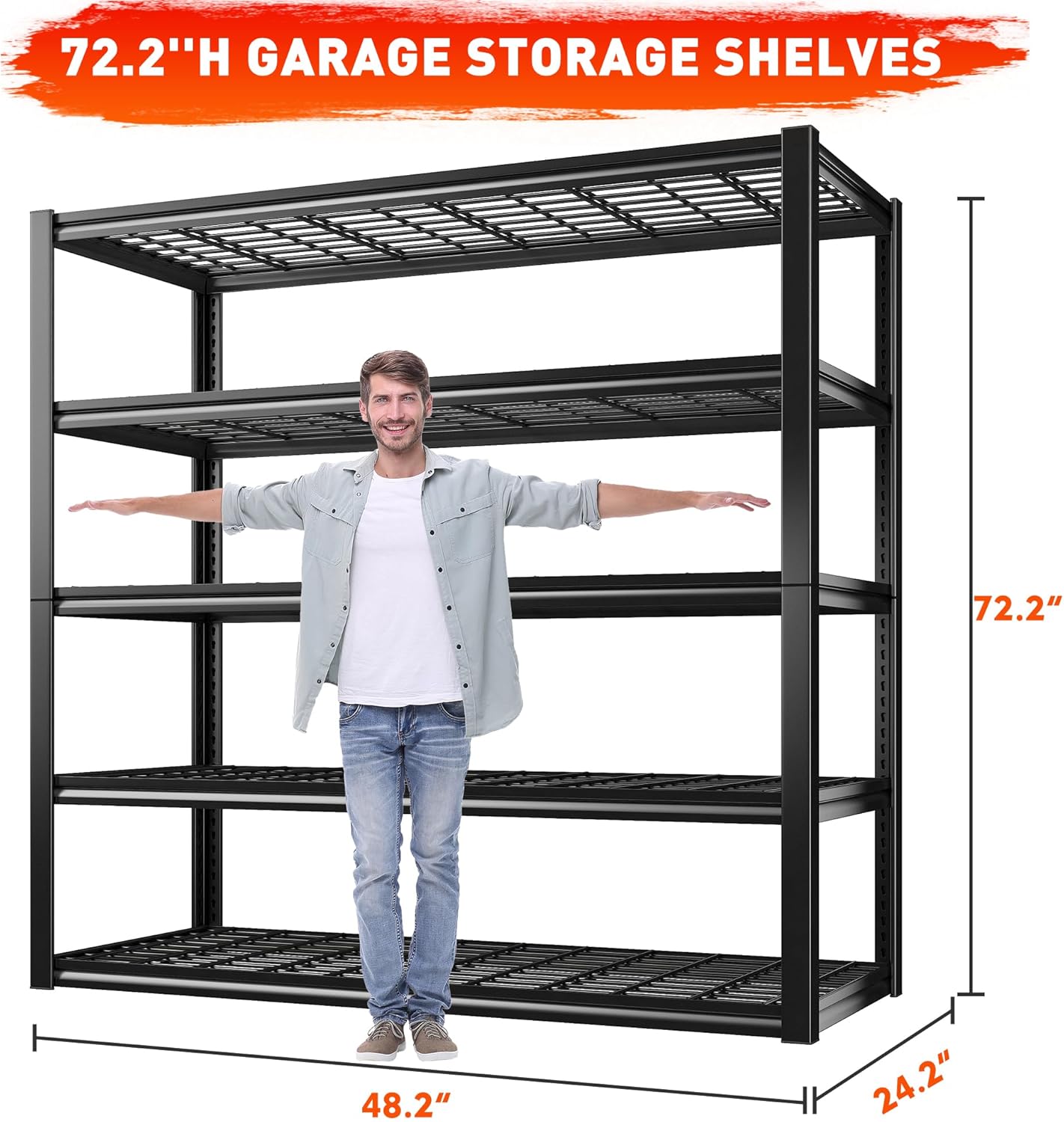 REIBII 48.2''W Garage Shelving Heavy Duty Metal Shelving 3000LBS Storage Shelves Adjustable Metal Shelves Industrial Garage Shelf for Warehouse Basement, 4 Pack