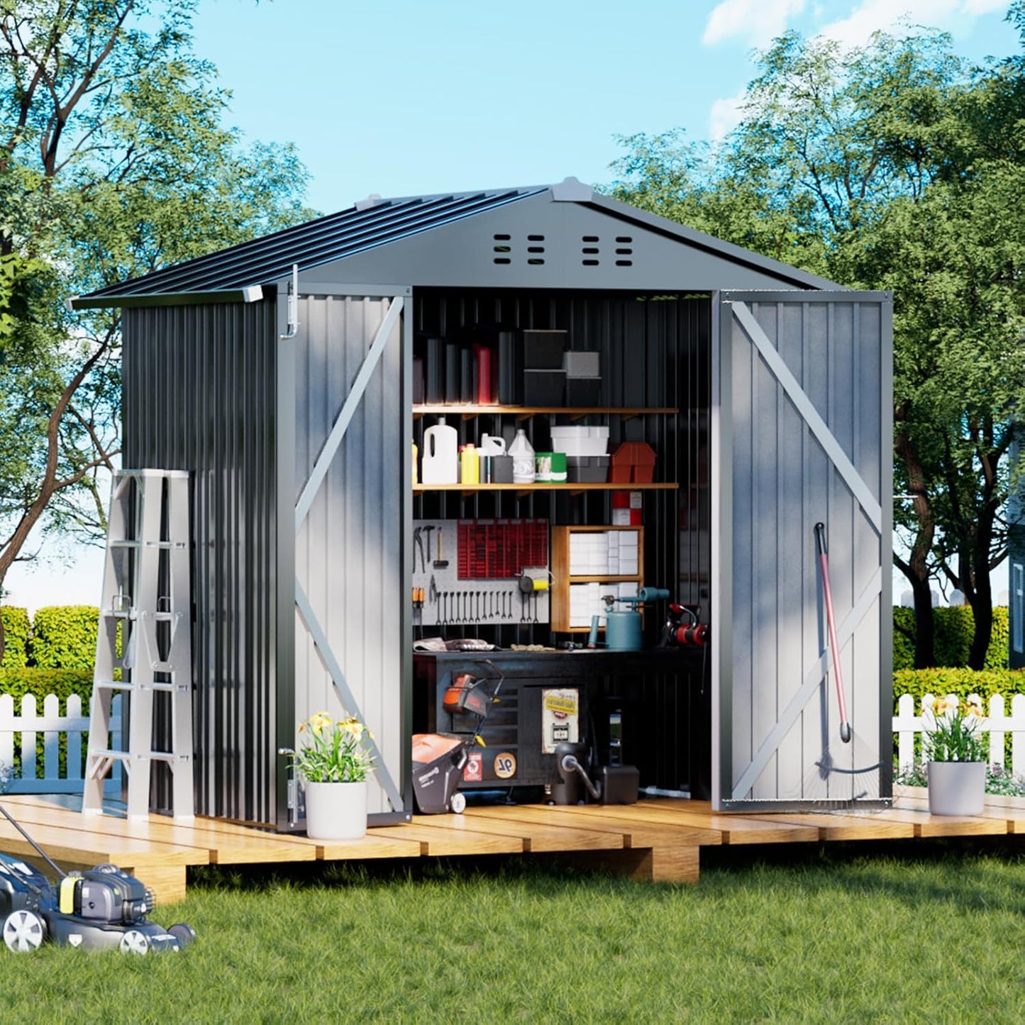 COMHOMA Shed Outdoor Storage Shed Metal,Lockable Doors Tool Sheds with Sloping Roof,Steel Garden Shed with Air Vent for Backyard,Patio,Lawn,Poolside (Grey, 6'*4')