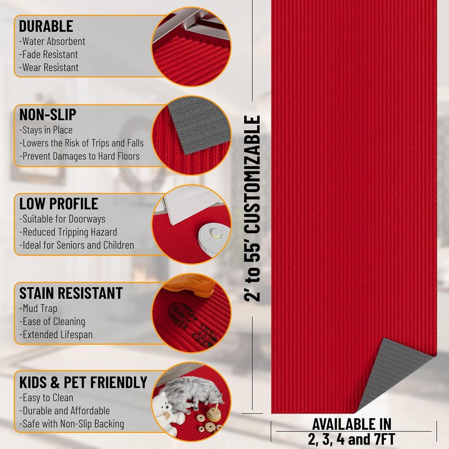 Ottomanson 2' x 5' Hallway Runner with Scraper Pile - Extra Durable Non-Slip Rug Mat for Indoor & Outdoor Use - Ideal for Kitchen, Entryway, Patio & Garage - High-Traffic Carpet, Red