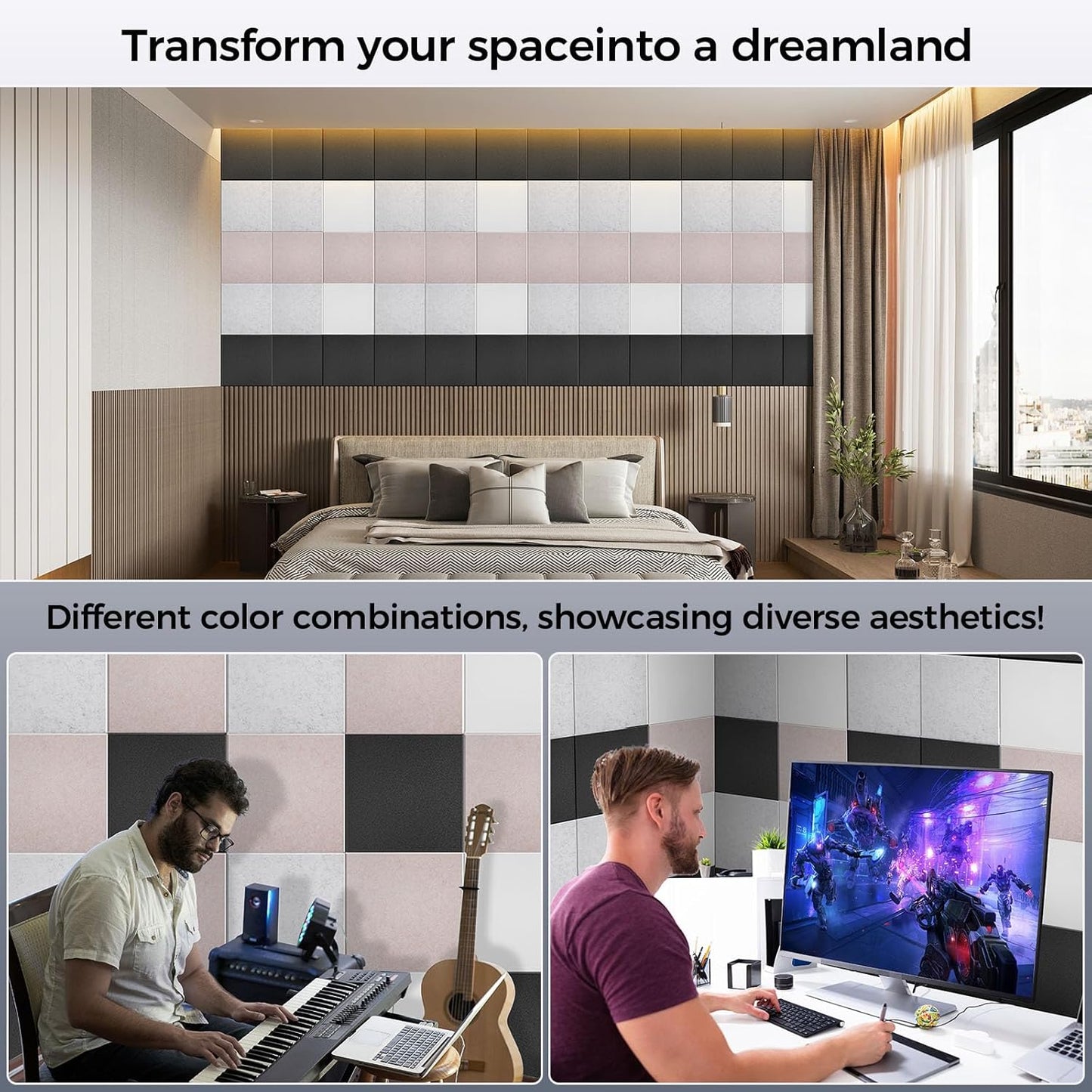 15 pcs 165dtex Microfiber Acoustic Panels ，Self-Adhesive Soundproof Wall Panels, 12 x 12 x 0.4 in Sound Proof Foam Panels for Walls, High Density, Noise Dampening Panels for Home Studio（Black）