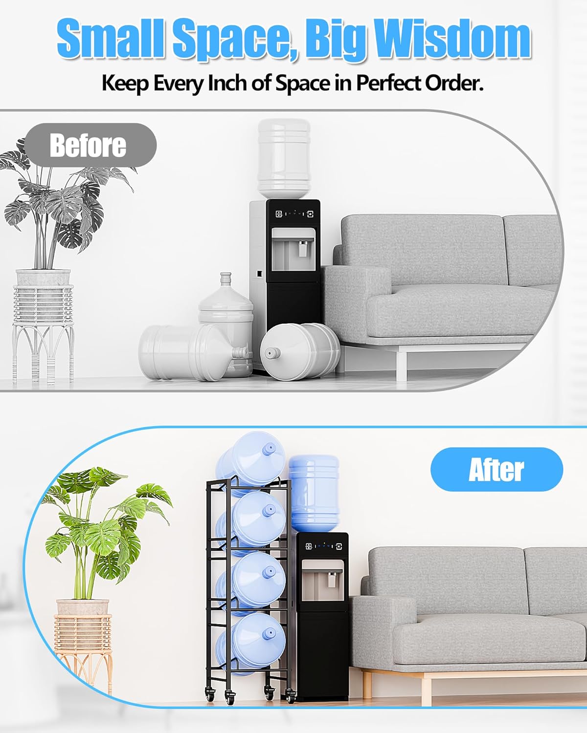 4 Tier 5 Gallon Water Rack with 4 Lockable Wheels - Water Bottle Jugs Holder Organizer with Movable Casters, Heavy Duty Water Storage Rack Dispenser Stand for Kitchen Office Garage/Black