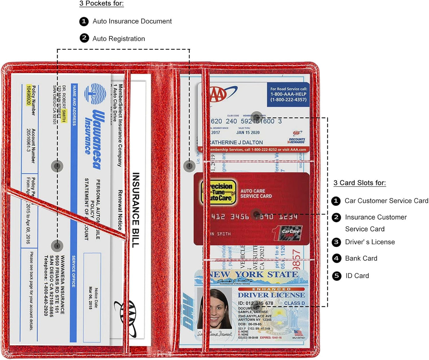 TOURSUIT Car Registration and Insurance Card Holder, Vehicle License Document Glove Box Compartment Organizer, Interior Car Accessories for Women Men Teens (Glitter Red)