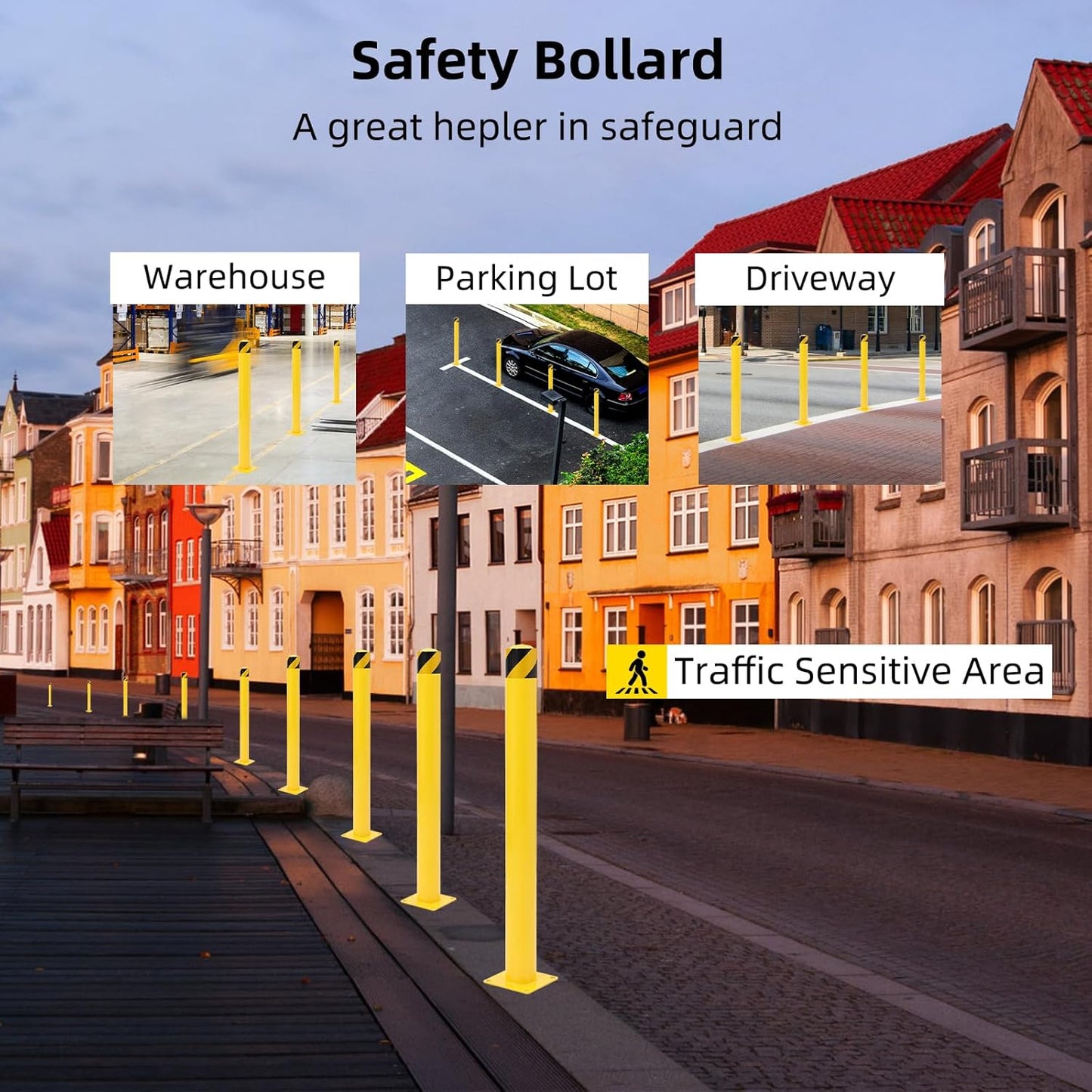 Safety Bollard 2 Packs, 42 Inch Height Steel Bollard Post for Parking Lot, 4.5 Inch Diameter Pipe, Yellow Safety Bollard Post with 8 Anchor Bolts, Ideal for Traffic-Sensitive Areas, Driveway Barrier