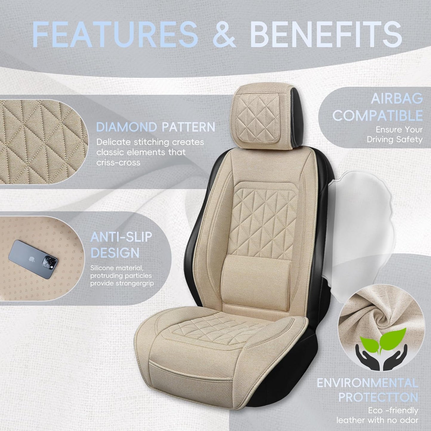 BABYBLU Linen Car Seat Cover for Cars - Durable & Non-Slip - Front Car Seat Protector Covers for Most Automotive, Vans, SUVs, Trucks