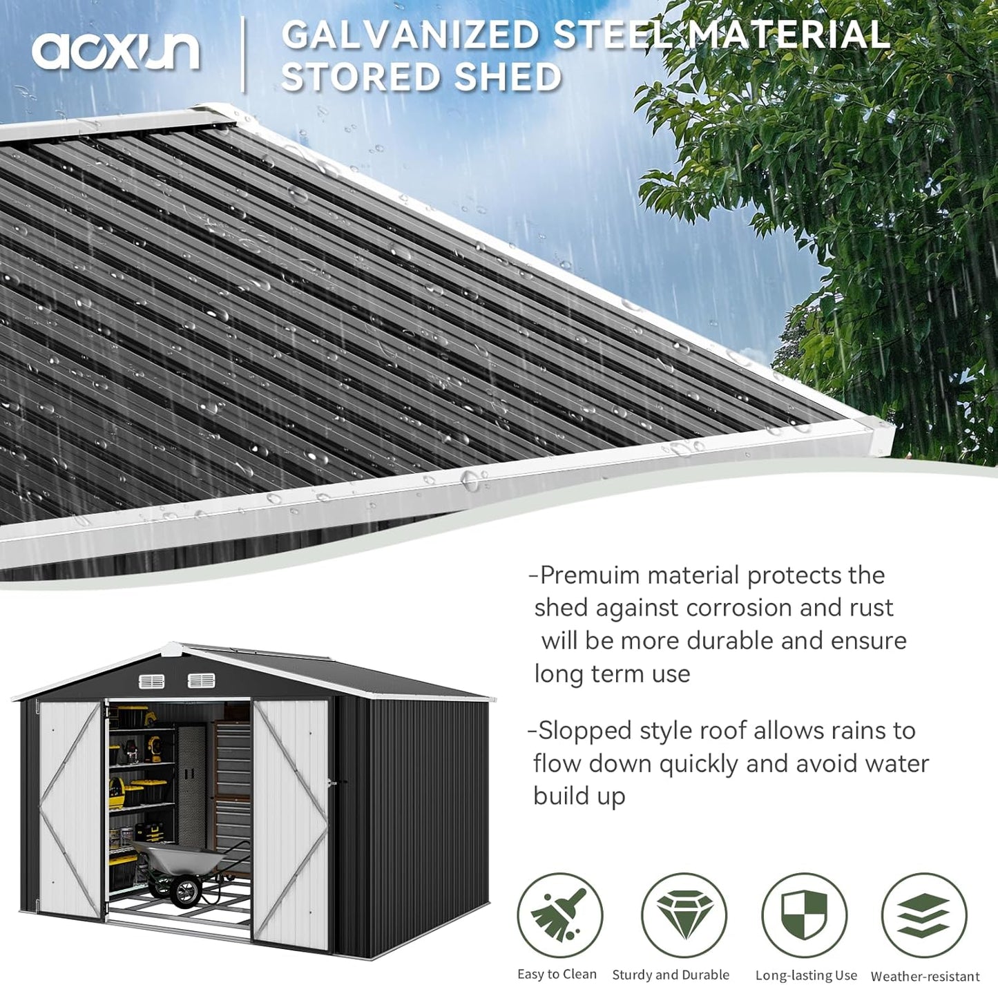 Aoxun 9.4x7.3x6.5 FT Outdoor Storage Shed with Base Outdoor Metal Shed for Tool, Garden, Bike, Placed in Patio, Garden Base Included (Black)