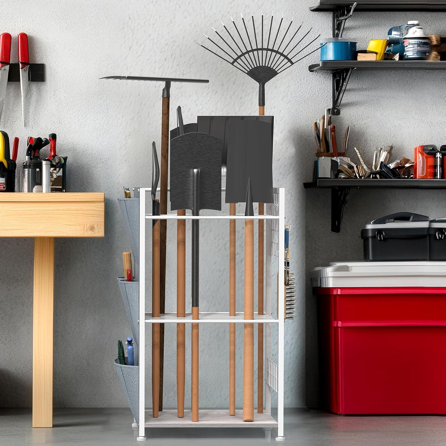 YBING Garden Tool Organizer, Yard Tool Stand with Side Storage Pockets, Yard Tower Rack for Garage Storage, Freestanding Tools Organizers and Storage for Shed, Gray