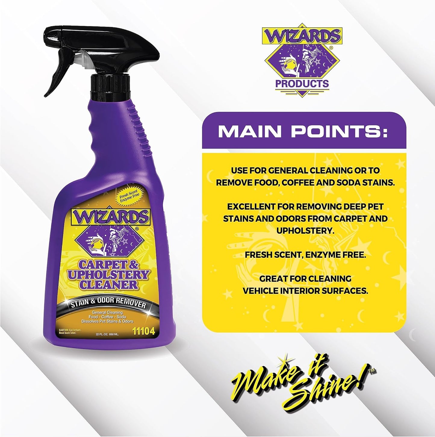 Wizards Carpet and Upholstery Cleaner - Fabric Cleaner Spray Solution for a Fresh & Clean Car - Pet Stain & Smell Remover and Natural Carpet Cleaner - Made in USA - 22 oz