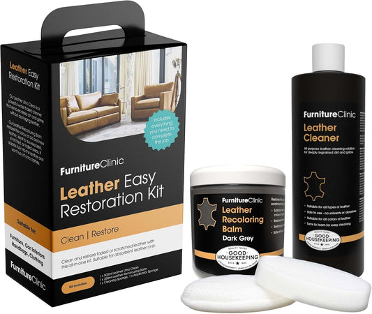 Furniture Clinic Leather Easy Restoration Kit | with Leather Recoloring Balm, Cleaner, Sponge, and Cloth | Leather Repair Kit for Scratched and Faded Furniture (Dark Grey)