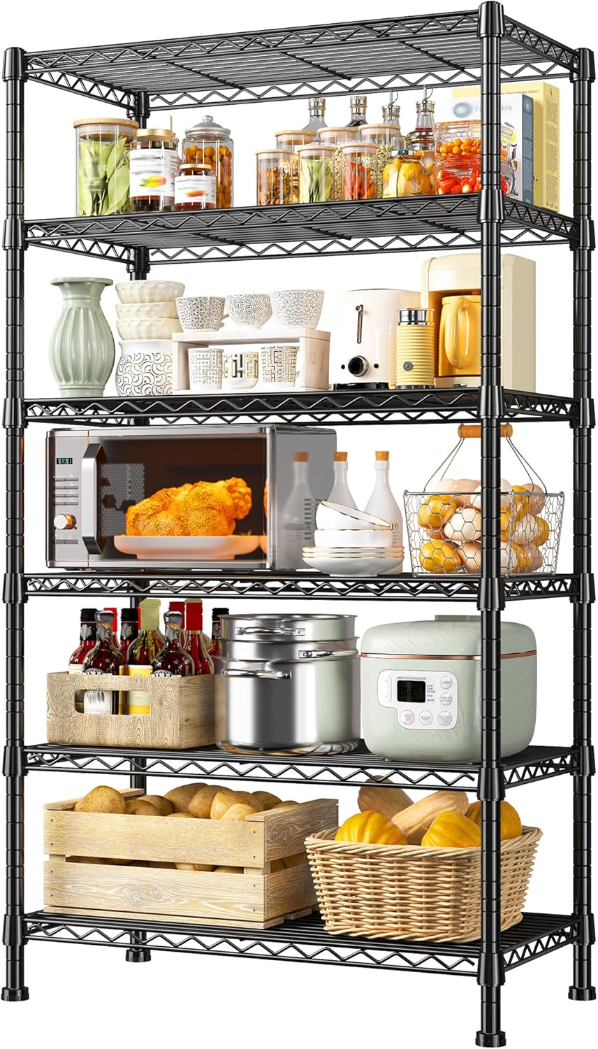 REIBII 6-Tier Storage Shelves Metal Shelving for Storage Load 1000 LBS,Wire Shelves Heavy Duty Shelving Unit Adjustable Pantry Shelf Bathroom Kitchen Garage 24" W x 14" D x 71" H, Black