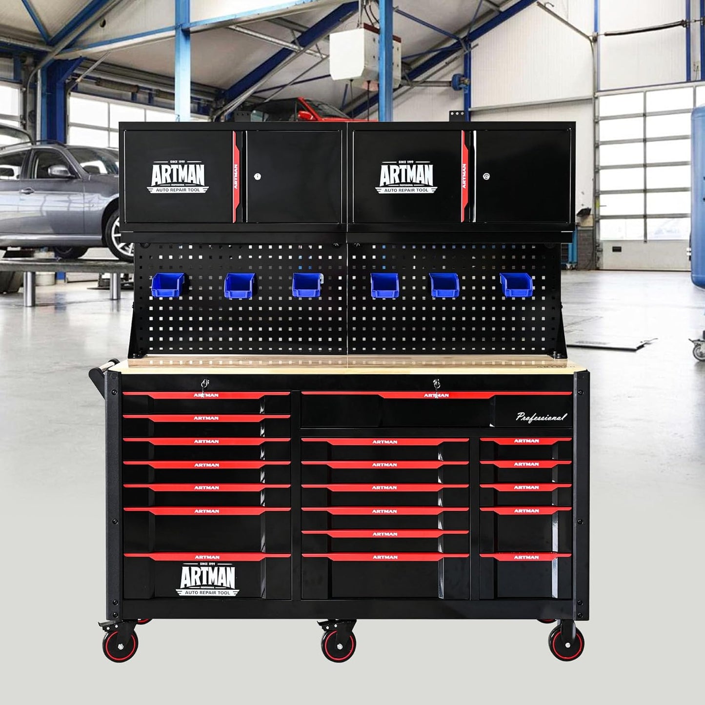 72-Inch Garage Cabinets and Storage System with 19 Drawers Rolling Tool Chest Large Mobile Workbench Heavy Duty Wood Top Tool Cart on Wheels for Garage, Workshop, Warehouse, Laboratory