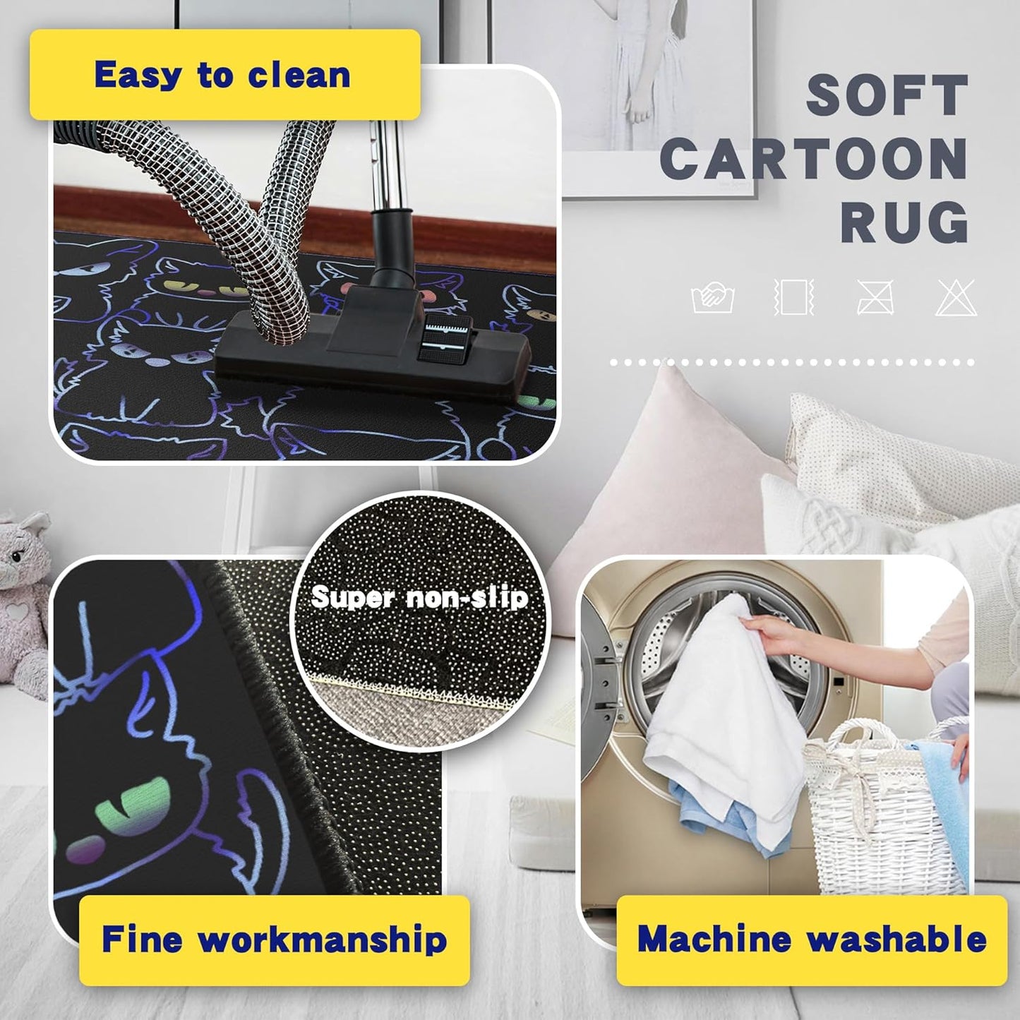 Black Play Cat Rug for Playroom for Boys Girls 59"x39" Funny Cute Cat Cartoon Decor for Bedroom Living Room Non-Slip Comfy Floor Casual Mat Carpet Washable