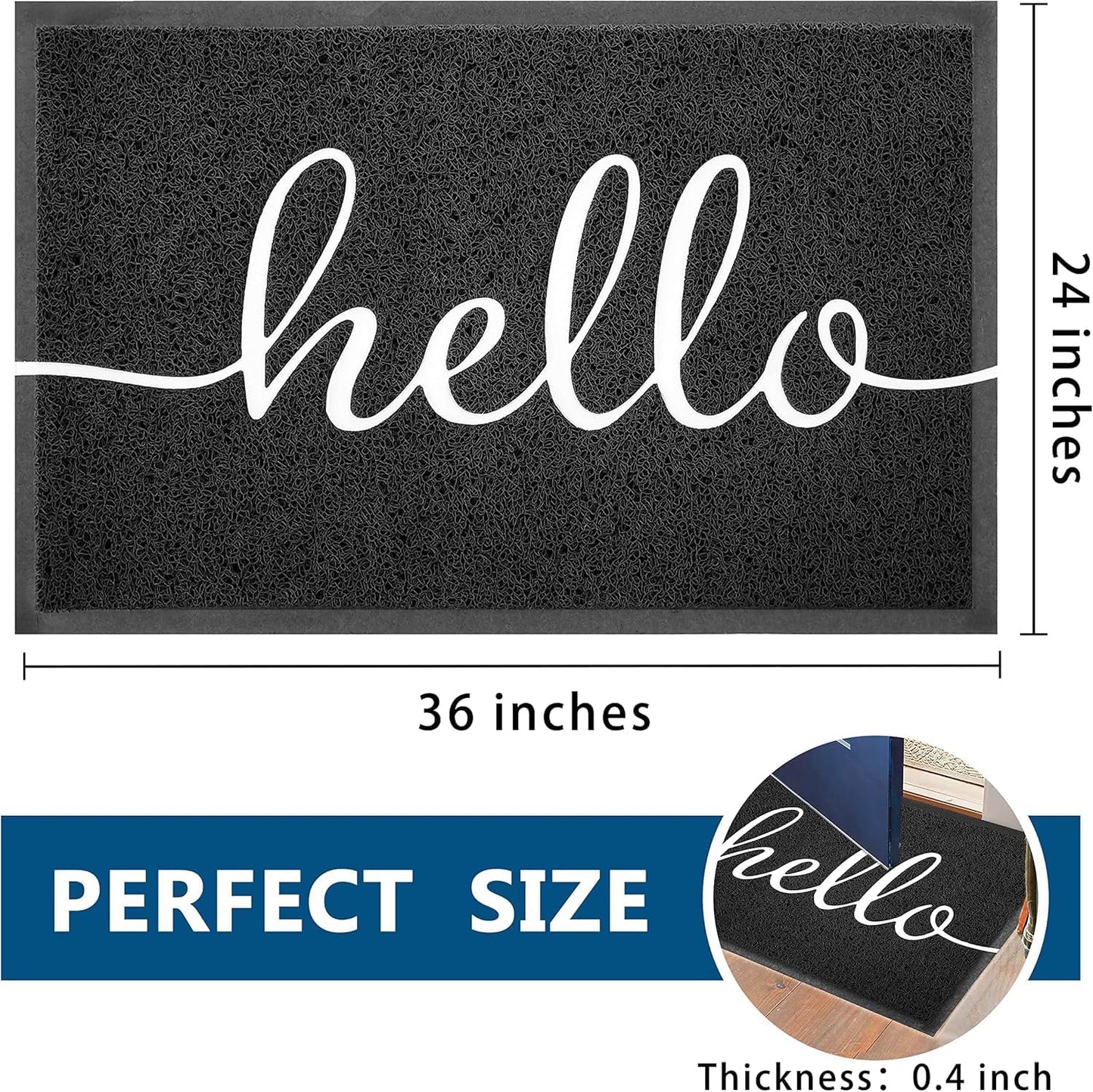 EARTHALL Door Mat Outside Inside Hello Doormat, 36"x24", Durable Floor Mat Non Slip Mat Ultra Absorb Mud Easy Clean Front Doormat for Garage, Entryway, Patio, High Traffic Areas, Black