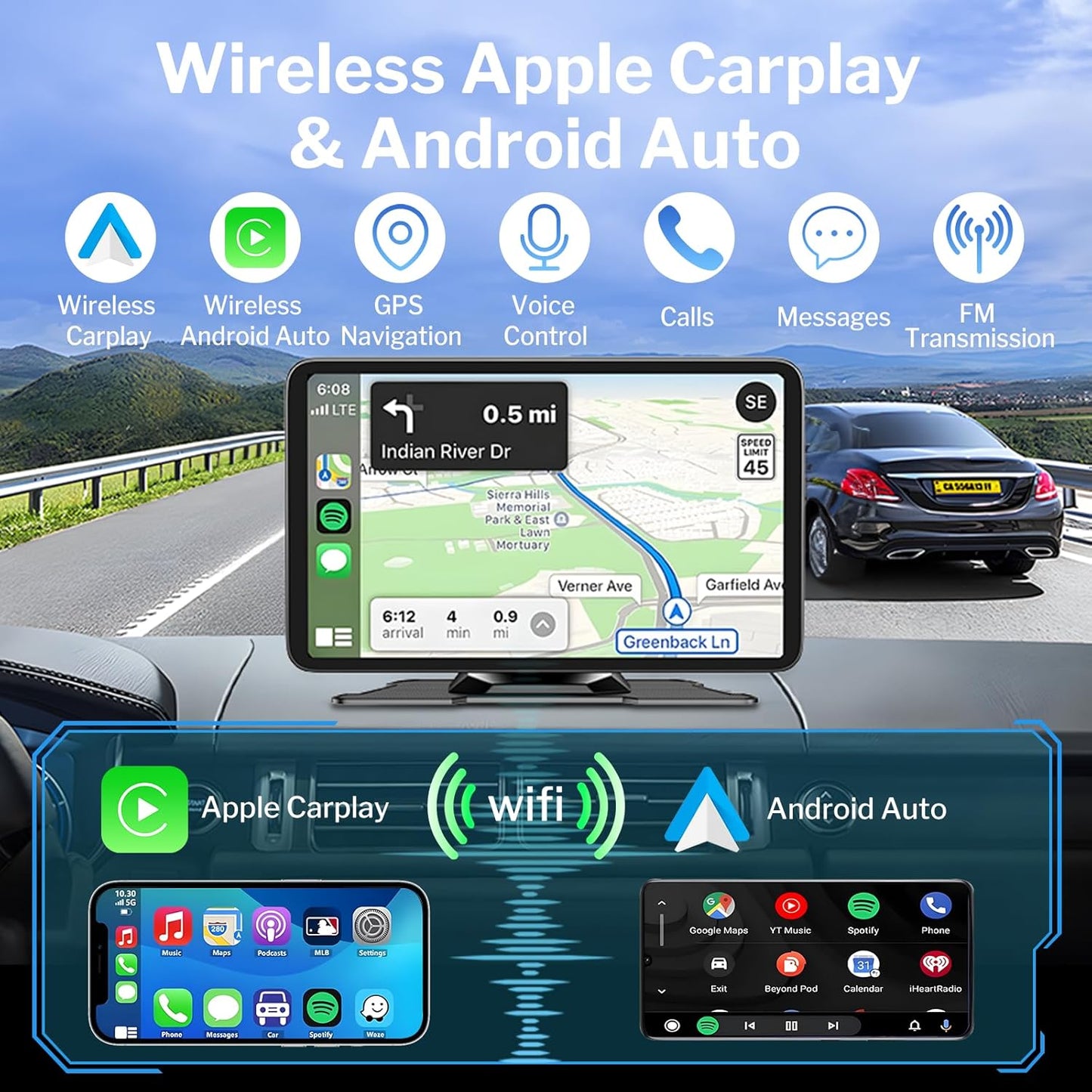Wireless Apple Carplay Screen for Cars, 7" HD Portable Car Stereo Touch Screen for Apple CarPlay & Android Auto with Backup Camera/Mirror Link/Siri/Voice Control/GPS Navigation/AUX for All Vehicles