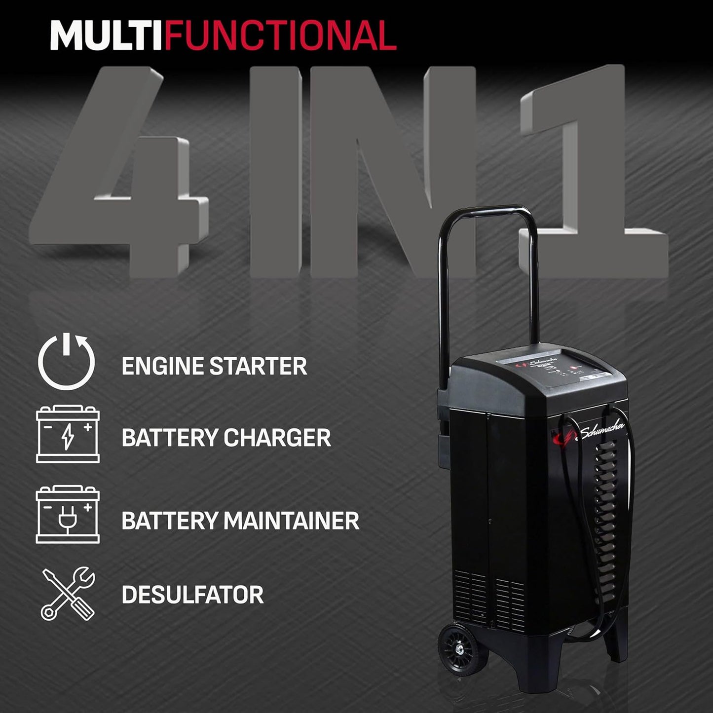 Schumacher Electric 4-in-1 Wheeled Battery Charger, Maintainer, and Engine Starter, SC1324, Fully Automatic, 200 Cranking Amps, 40 Amp Boost, 12V, for Car, Truck, and Other Large Vehicle Batteries