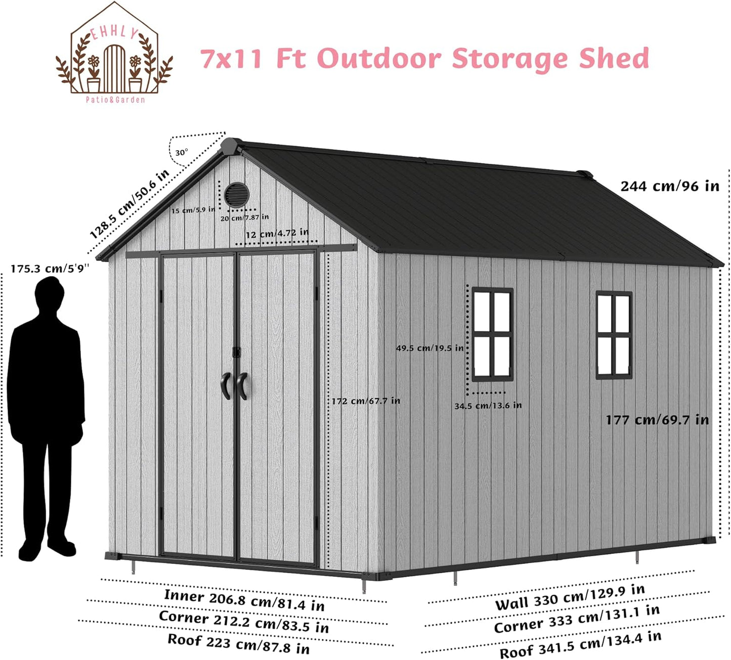 7.3x11.2 FT Resin Outdoor Storage Shed Large, 566 Cuft Garden Tool Sheds & Outdoor Storage Plastic Shed with Floor, 8FT Tall Backyard Lawn Mower Storage Shed with Side Window, Cemented Grey