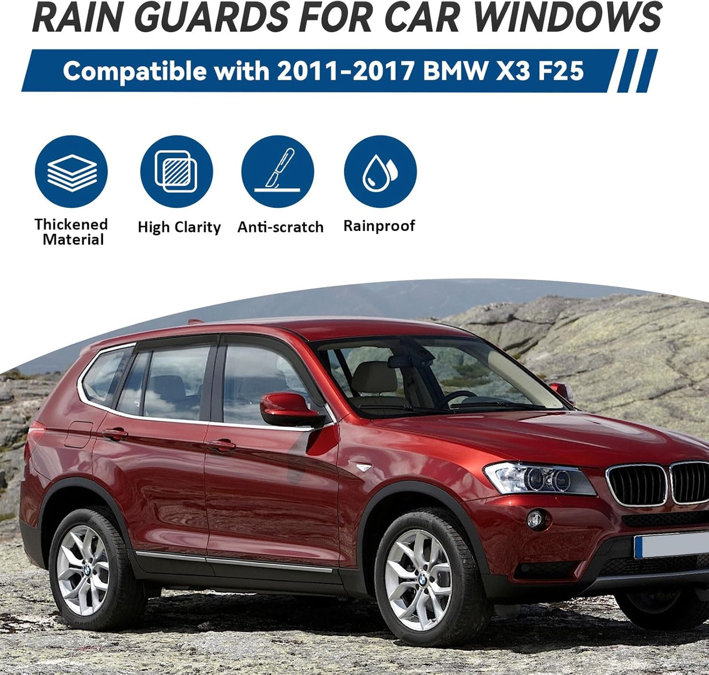 4pcs Front+Rear Smoke Tint Sun/Rain Guard Outside Mount Tape-On Vent Window Visors Compatible with 11-17 X3 F25