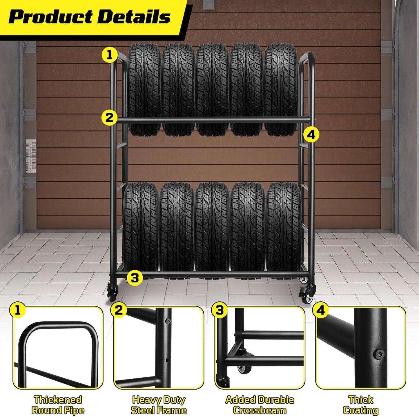 Tire Rack, 56 x 44 x 20 Inches Garage Tire Storage and Organization, Rolling Tire Rack 218KG/480LBS Capacity,2 Storage Shelf & 4 Swivel Casters,Black