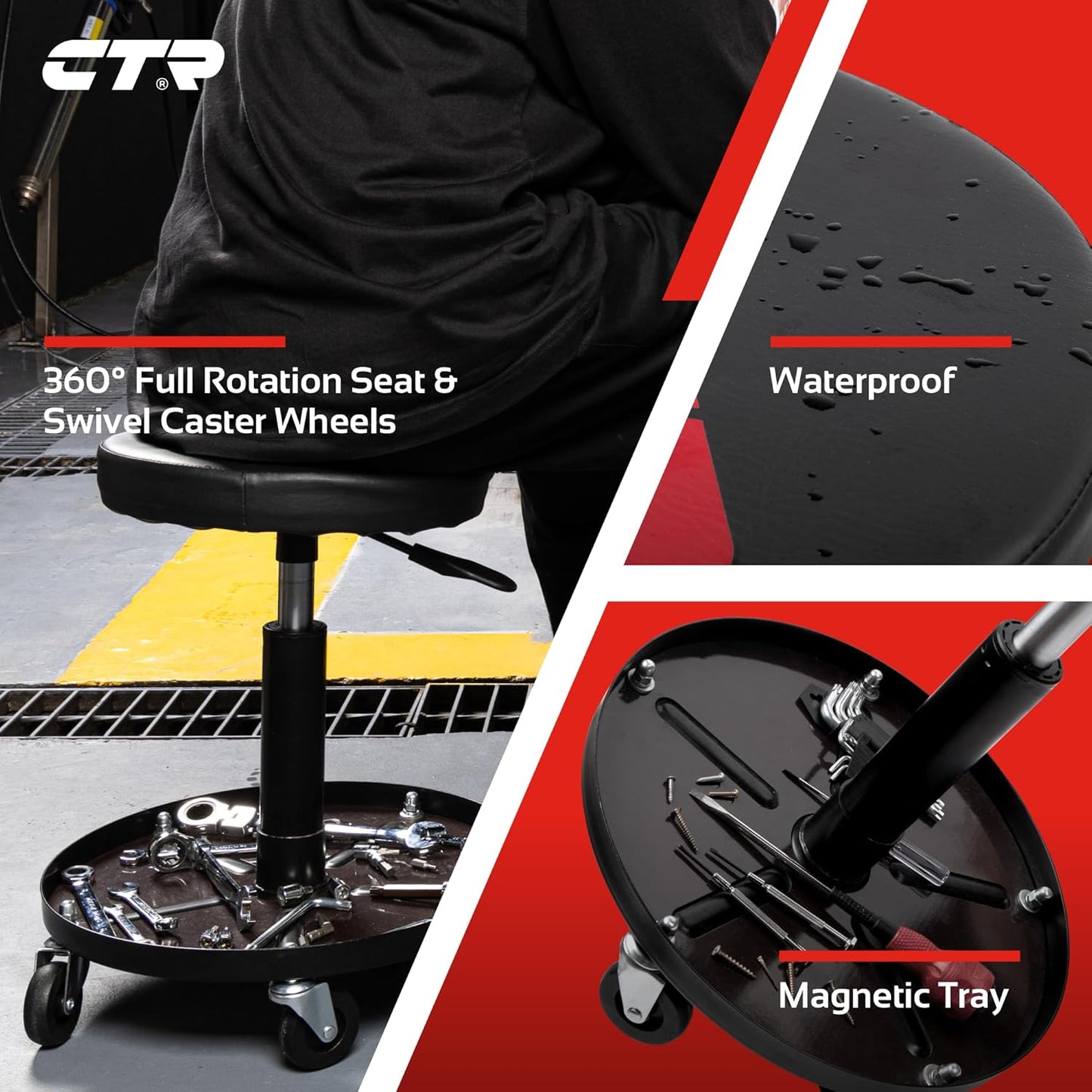 CTR Rolling Mechanic Shop Stool with Magnetic Tool Tray, Heavy Duty Work Stool, Adjustable Garage & Workbench Stool with Wheels, Creeper Seat Shop Chair