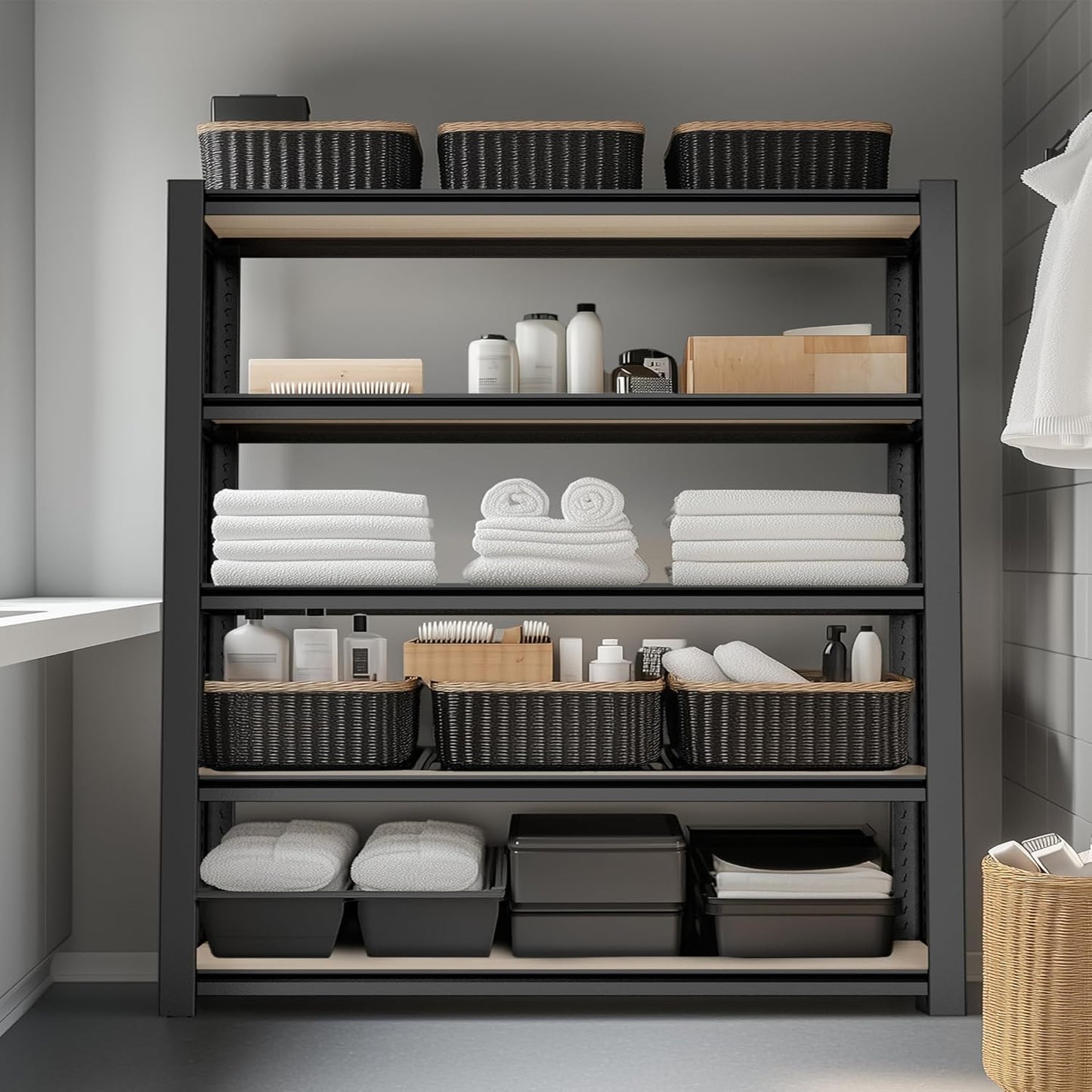 WORKPRO House 5-Tier Shelving Unit, Adjustable Heavy Duty Storage Shelves, Wood Grain Pattern, Waterproof Board, 3000lbs Boltless Shelving for Kitchen, Living Room, Garage, 48"W x 24"D x 72"H, Black