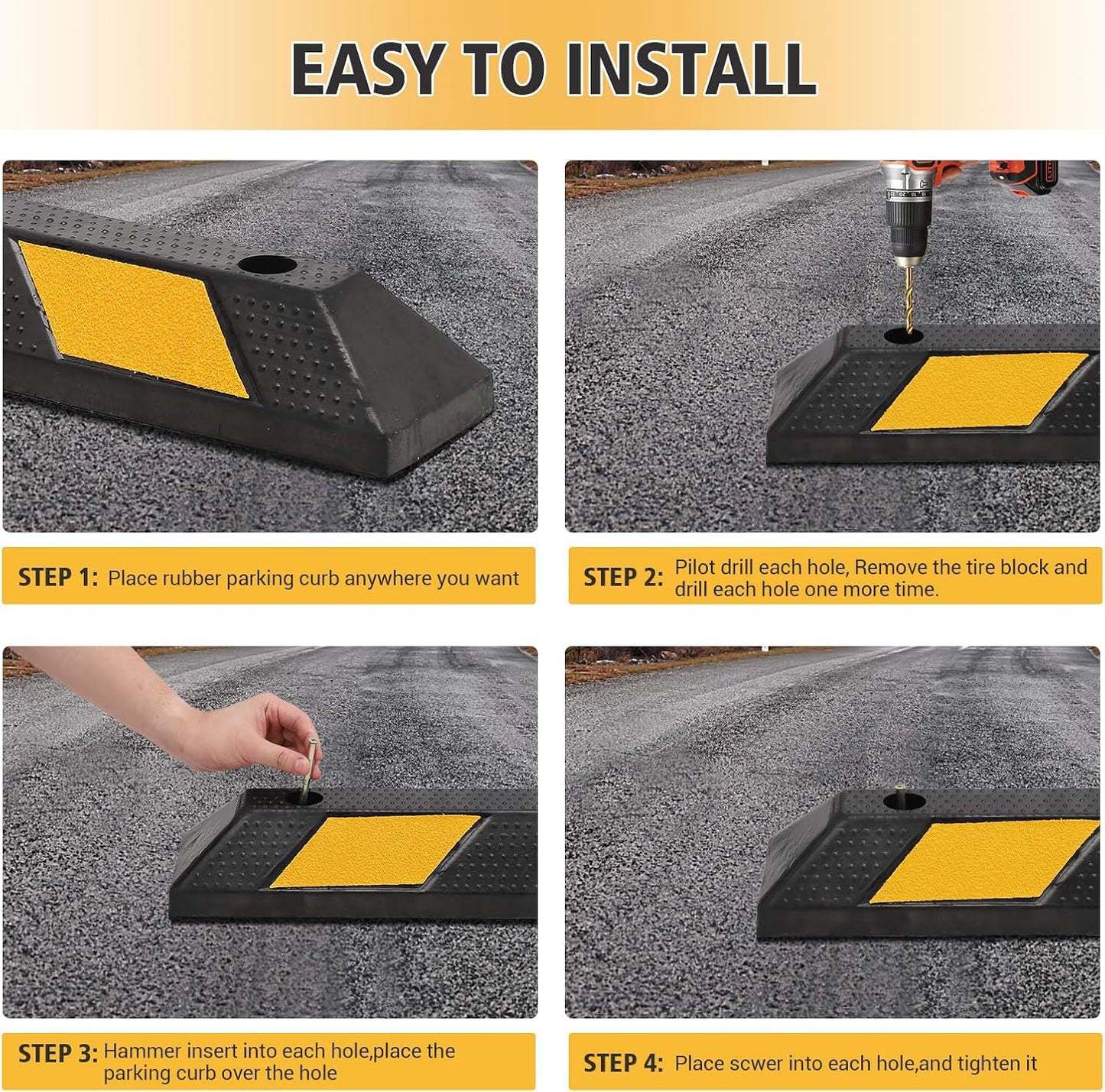 Heavy-Duty Rubber Parking Curb1 with 8 Reflective Strips - 72.8" Extra Wide Vehicle Stopper, 55,000 lb Capacity for Driveways, Garages & Commercial Lots (1 Pack)