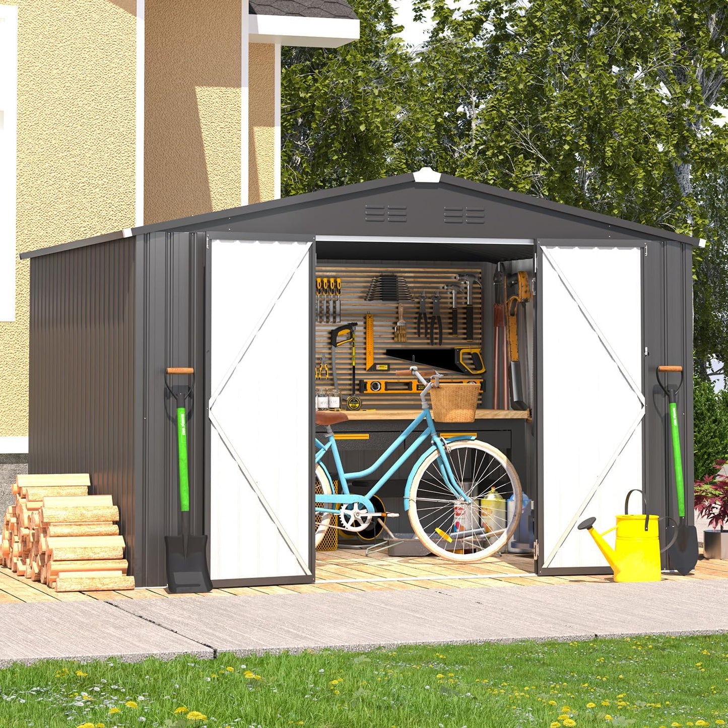AECOJOY 10' x 8' Shed, Outdoor Metal Storage Shed, Dark Grey Sheds & Outdoor Storage 8x10 Clearance, Steel Yard Shed with Lockable Doors, Utility and Tool Storage for Garden, Backyard, Patio, Outside