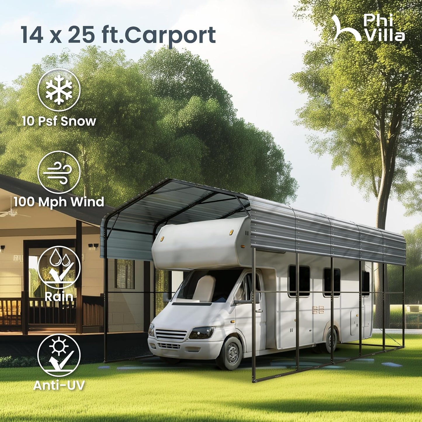 PHI VILLA 25 x 14 ft Heavy Duty Metal Carport with Galvanized Steel Roof for RVs, Cars, Boats, and Tractors