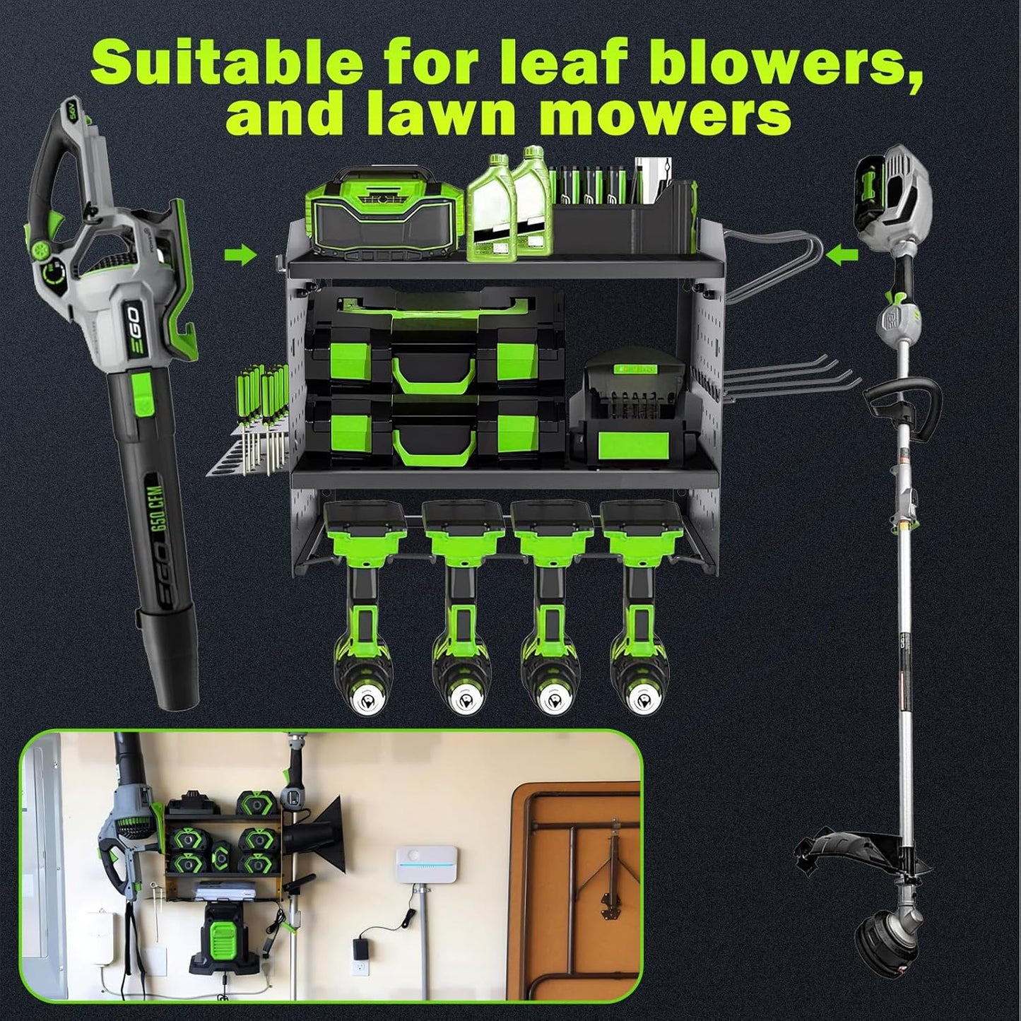 Wall Mount for EGO-Compatible Tools – 3-Layer Adjustable Garage Organizer 200lbs – Heavy Duty Hanger for Leaf Blower, Trimmer, Weed Eater (grey)