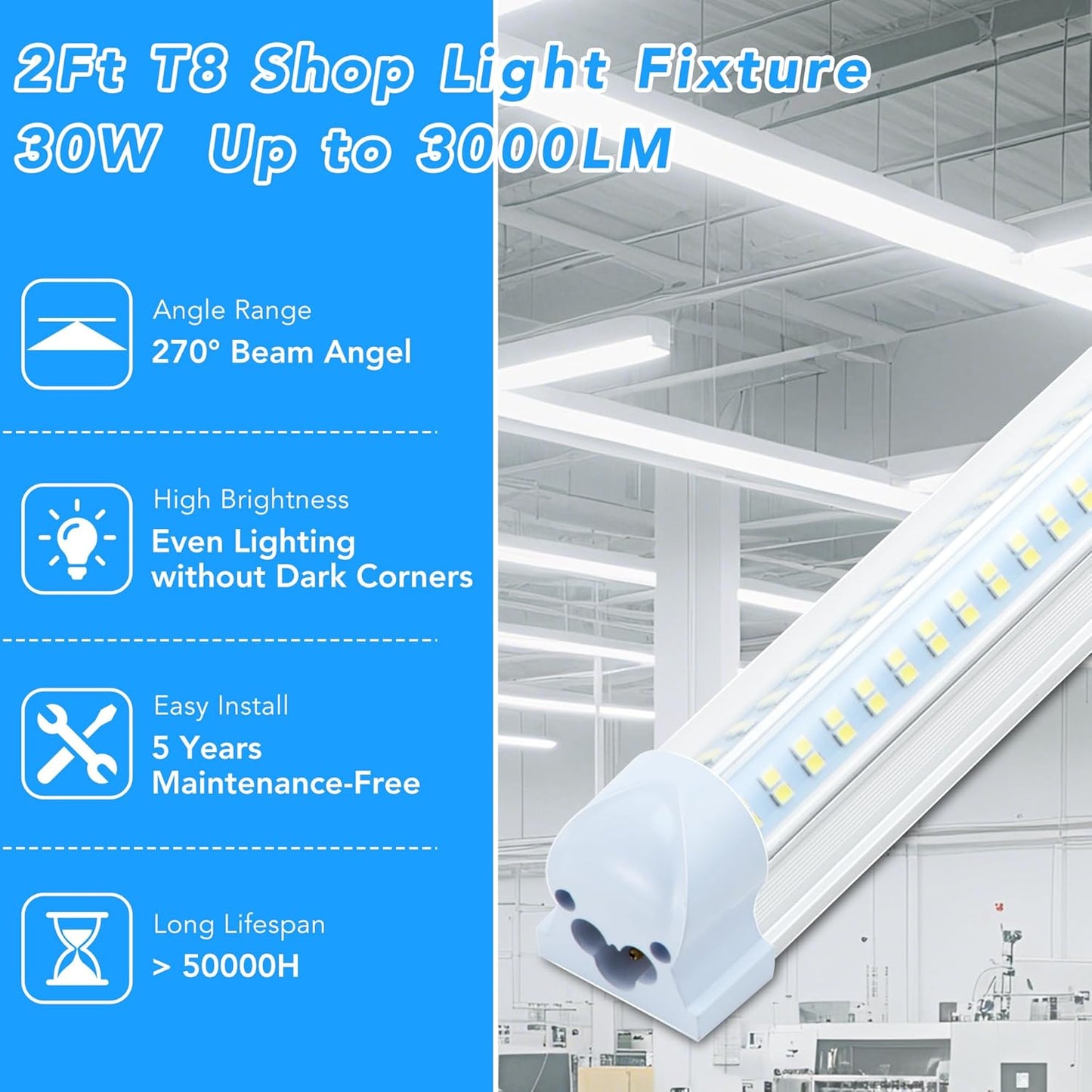 4 Pack 2FT T8 LED Shop Lights, 30W Integrated Tube Light, 4800LM 6000-6500K Daylight, Linkable Lighting, Plug & Play Energy-Saving Commercial Bay Lighting for Garage Warehouse Basement (V4)