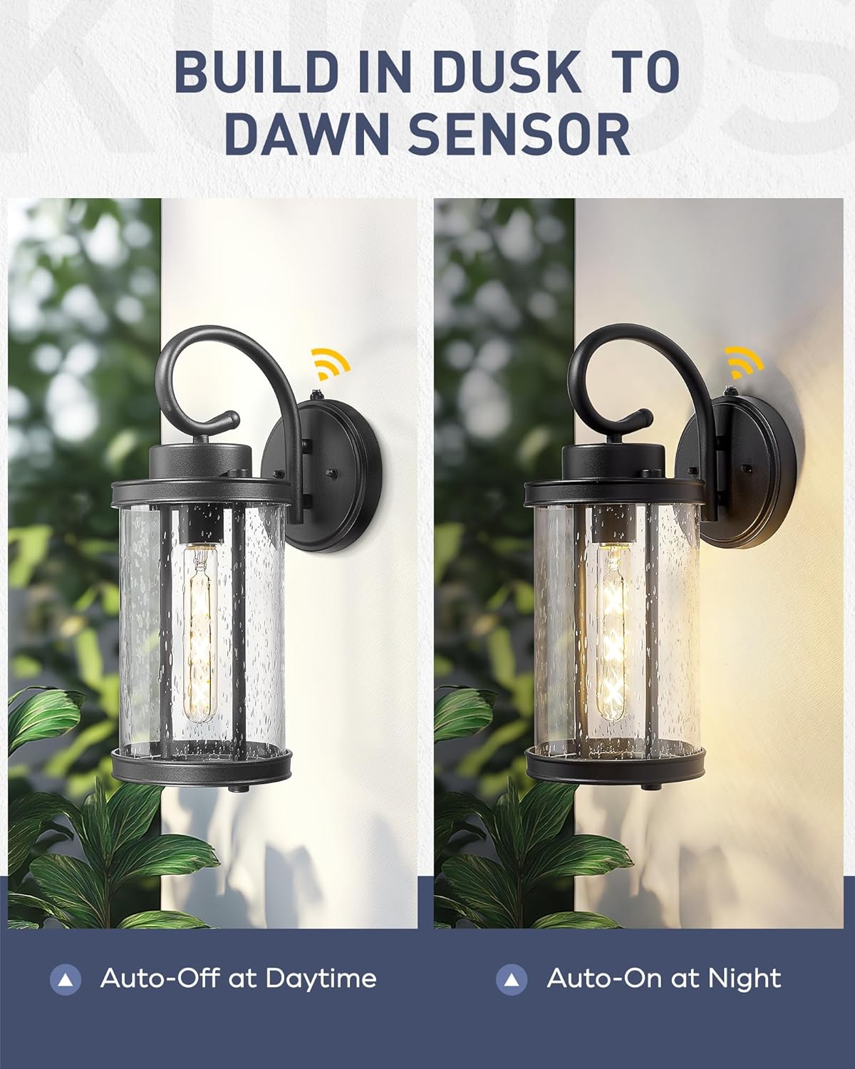 kudos Dusk to Dawn Outdoor Lighting, 15.8 inch Large Cylinder Porch Lights, Anti-Rust Waterproof Outdoor Wall Light for Patio, Garage, Black with Seeded Glass, KDOWL01-BK-L-LC