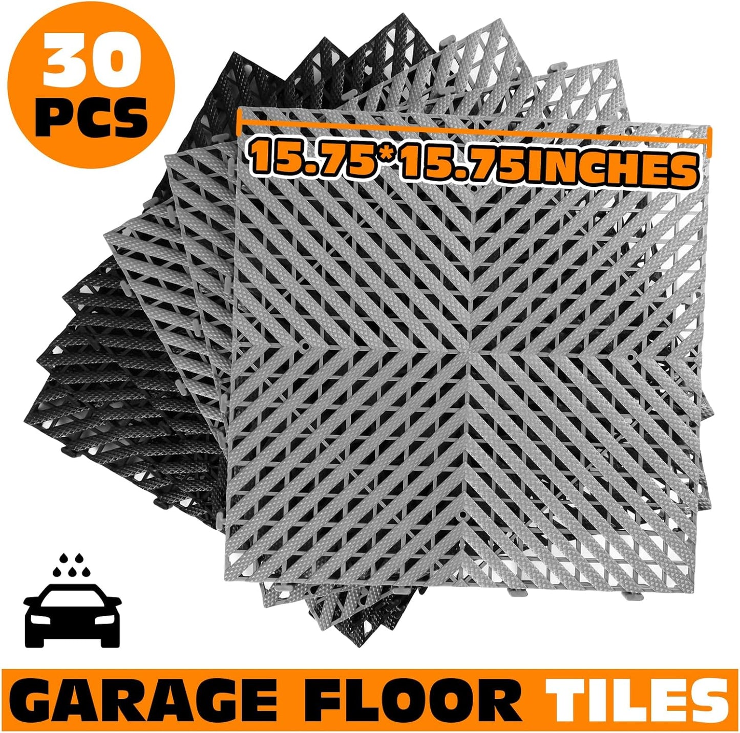 Interlocking Garage Floor Tiles - 0.79in,Vented, Self-Draining, Non-Slip Flooring, Modular, Virgin Polypropylene, Ideal for Garages, Patios, Basements, Decks -51.6 sq ft (Grey, 30PCS)